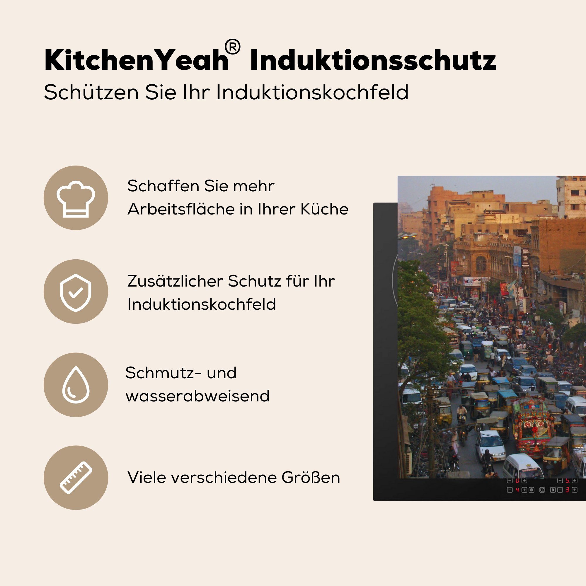 von tlg), Herdblende-/Abdeckplatte Verkehr Arbeitsfläche MuchoWow 70x52 Vinyl, Straßen Ceranfeldabdeckung cm, den nutzbar, (1 Karatschi, Mobile auf Schwerer