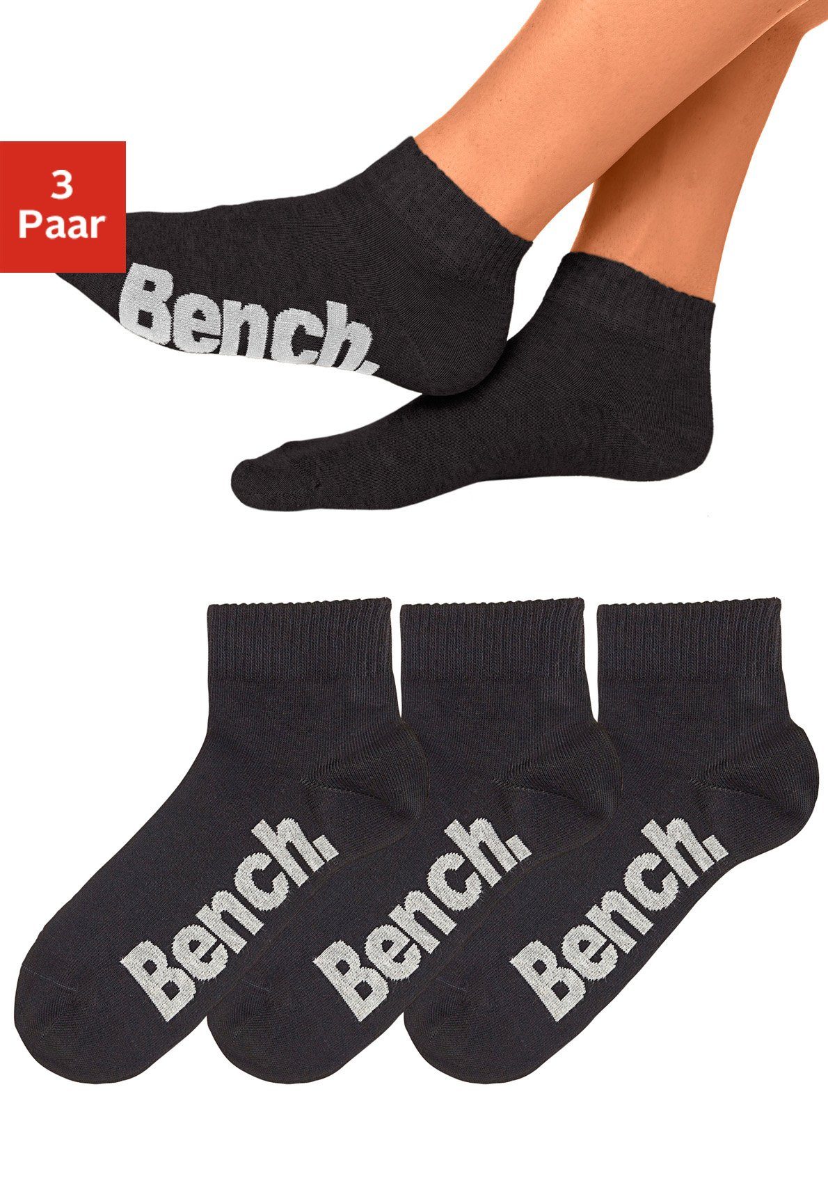 Kurzsocken (Set, mit bequemen Rippbündchen Bench. schwarz 3-Paar)