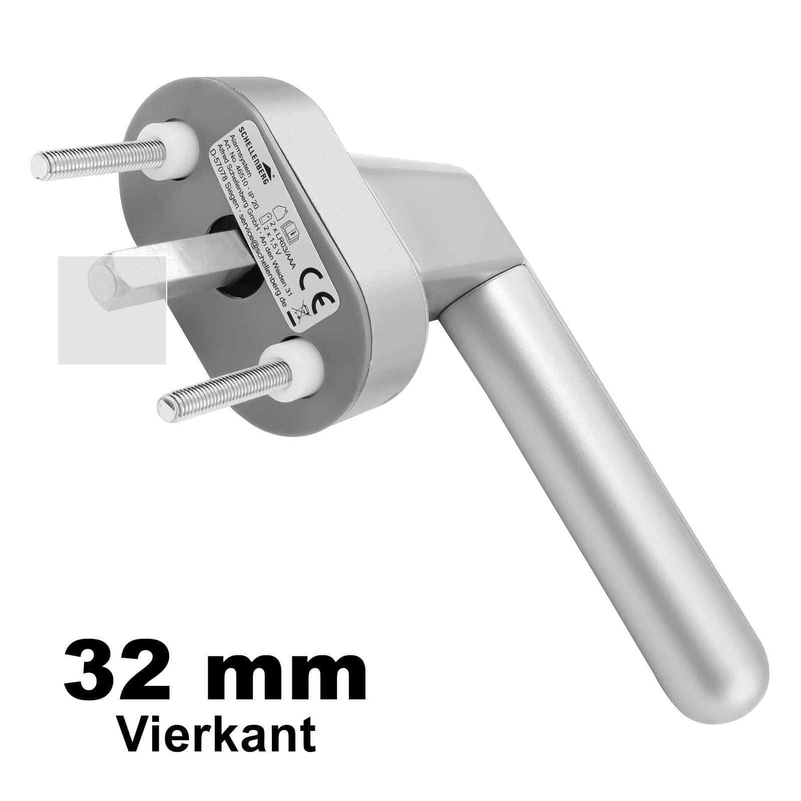 SCHELLENBERG Alarmfenstergriff 115 dB Alarm für Fenster, Balkontüren und Terrassentüren, 32mm Vierkantlänge, L: 13,60 cm, Einbruchschutz, 32mm Vierkantlänge, Silber