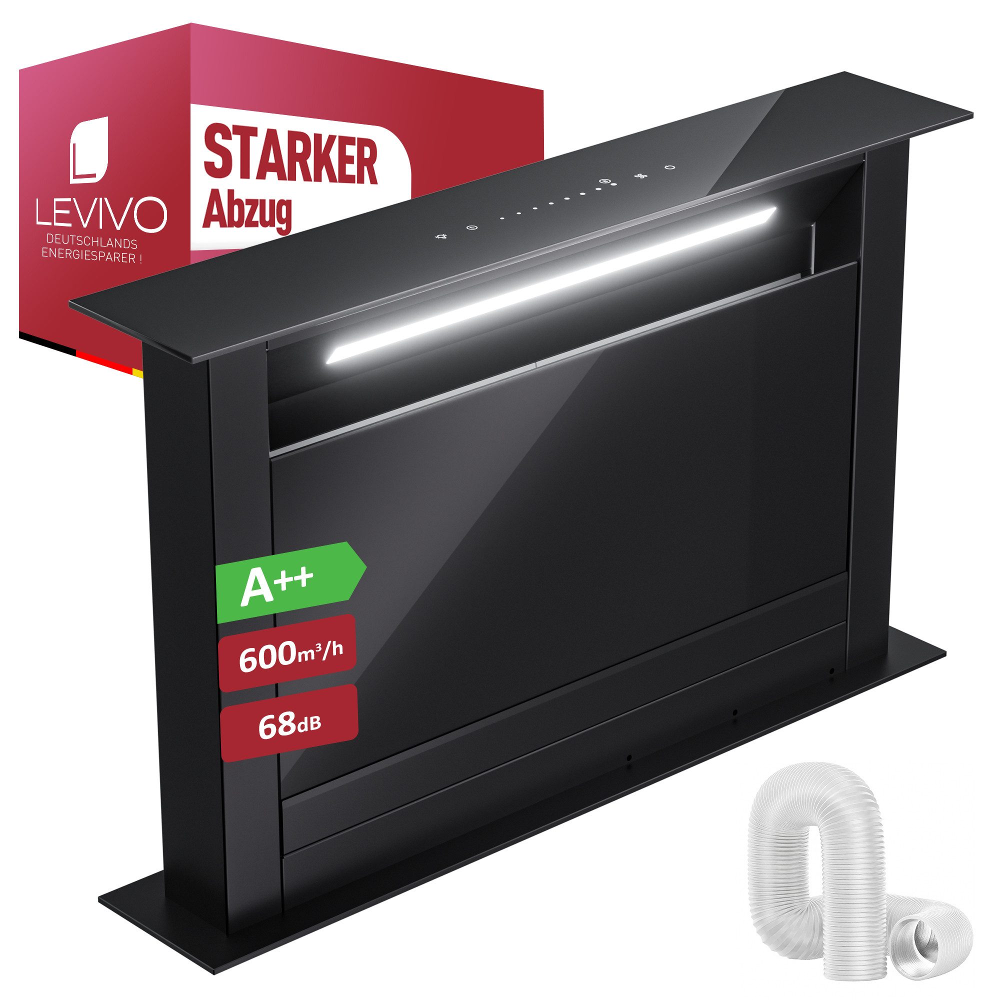 Levivo Deckenhaube A++ Dunstabzugshaube 60cm und 90cm Umluft & Abluft mit 600 m³/h A++ Dunstabzugshaube 60cm und 90cm Umluft & Abluft mit 600 m³/h, Aktivkohlefiltern, Fettfiltern, LED-Beleuchtung