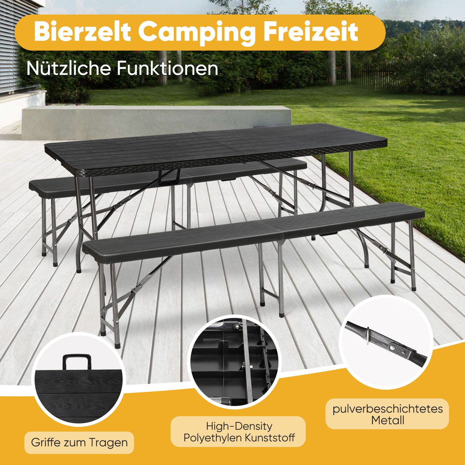 Sekey Bierzeltgarnitur 3-teilig Bierzeltgarnitur Klappbar Tragegriff 180cm Gartenmöbel, (3-tlg), 180cm Bierbänke und 2 Bierbänke, mit Holz und Rattan-Optik, Wetterfest