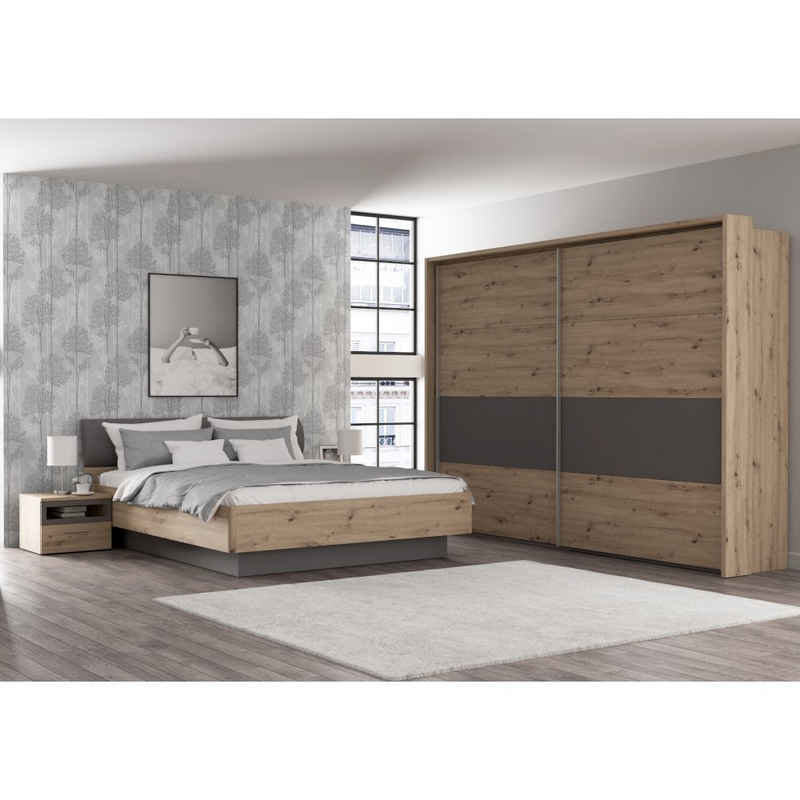 Forte Möbel Schlafzimmer-Set Schlafzimmer EUBUK Schwebetürenschrank Bettanlage Nachtkommoden