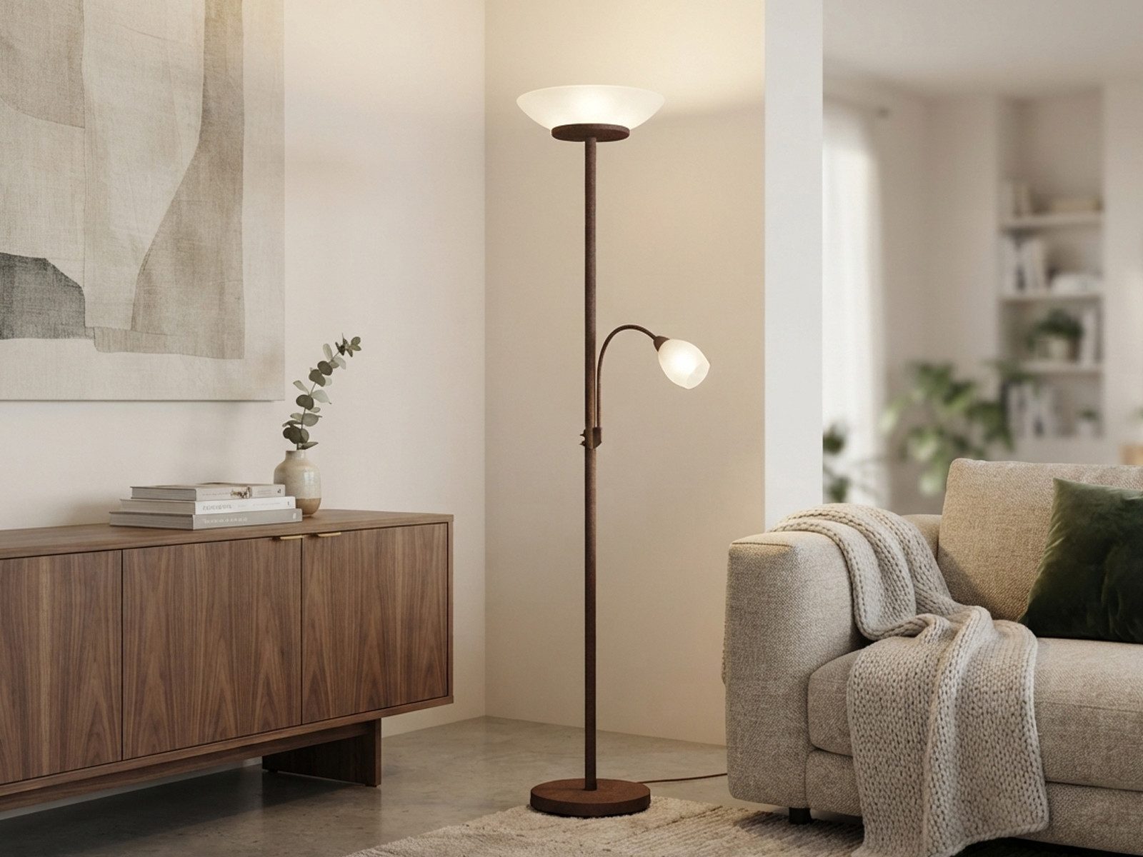 Reality Leuchten LED Deckenfluter mit Leselampe & Glasschirm, Höhe 180cm, Lesearm, LED wechselbar, Warmweiß, große Stehlampe, Wohnzimmer Lampe stehend zum Lesen mit Leselicht