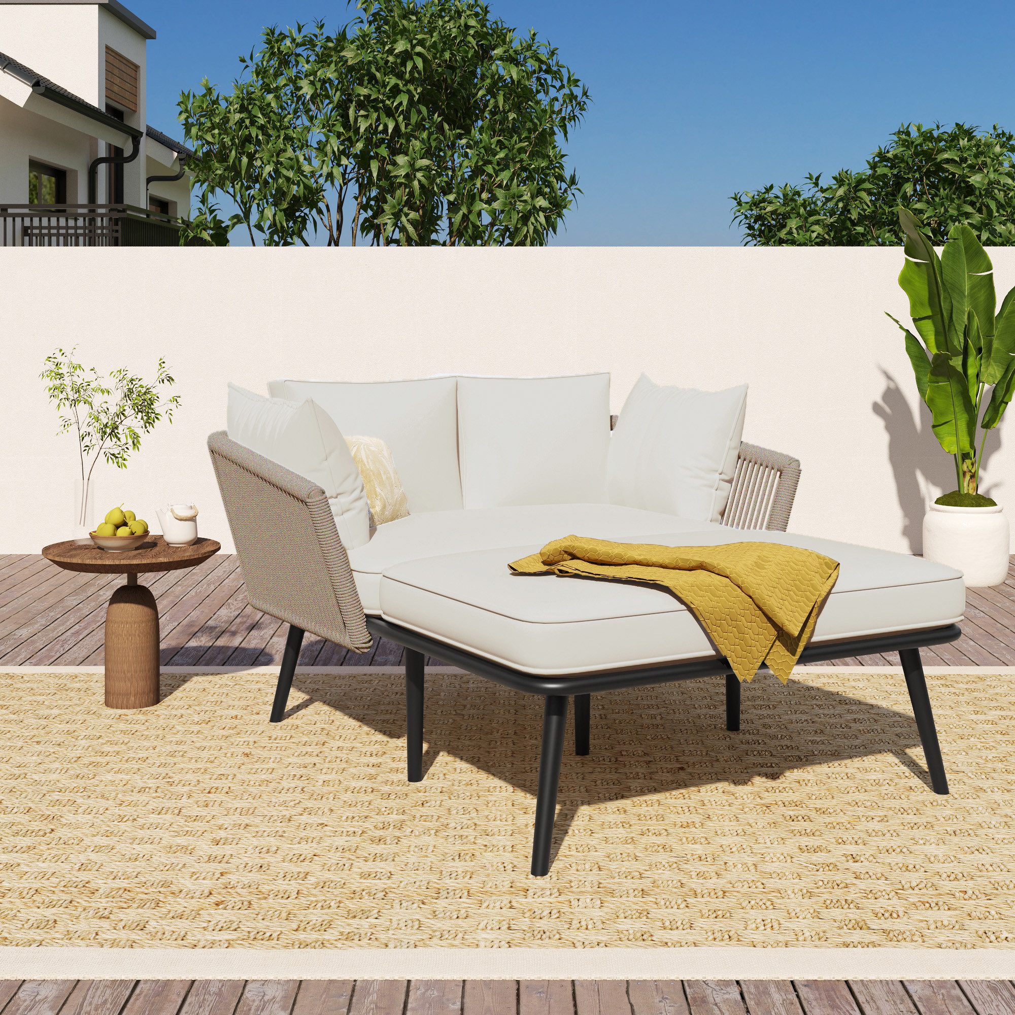 Flieks Gartenliege, 2-Sitzer Gartensofa Sonnenliege Gartenlounge Balkonset aus Seil