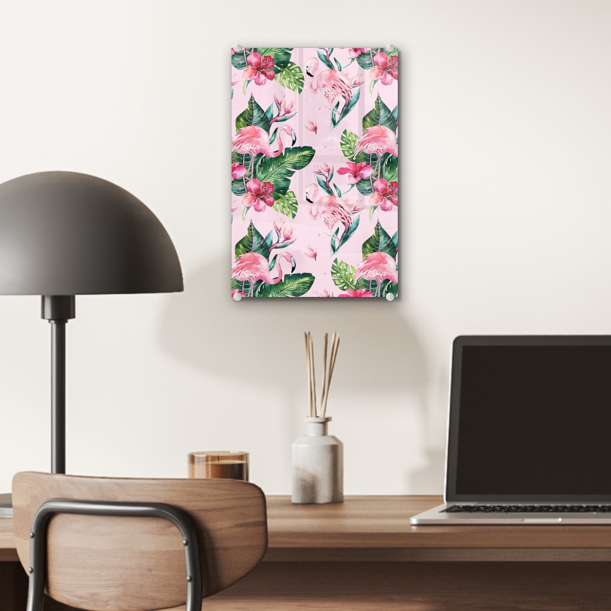 Glas Wanddekoration auf Foto Glas Pflanzen, Glasbilder St), (1 Acrylglasbild Bilder - auf - bunt - Wandbild MuchoWow Blumen Flamingo - -