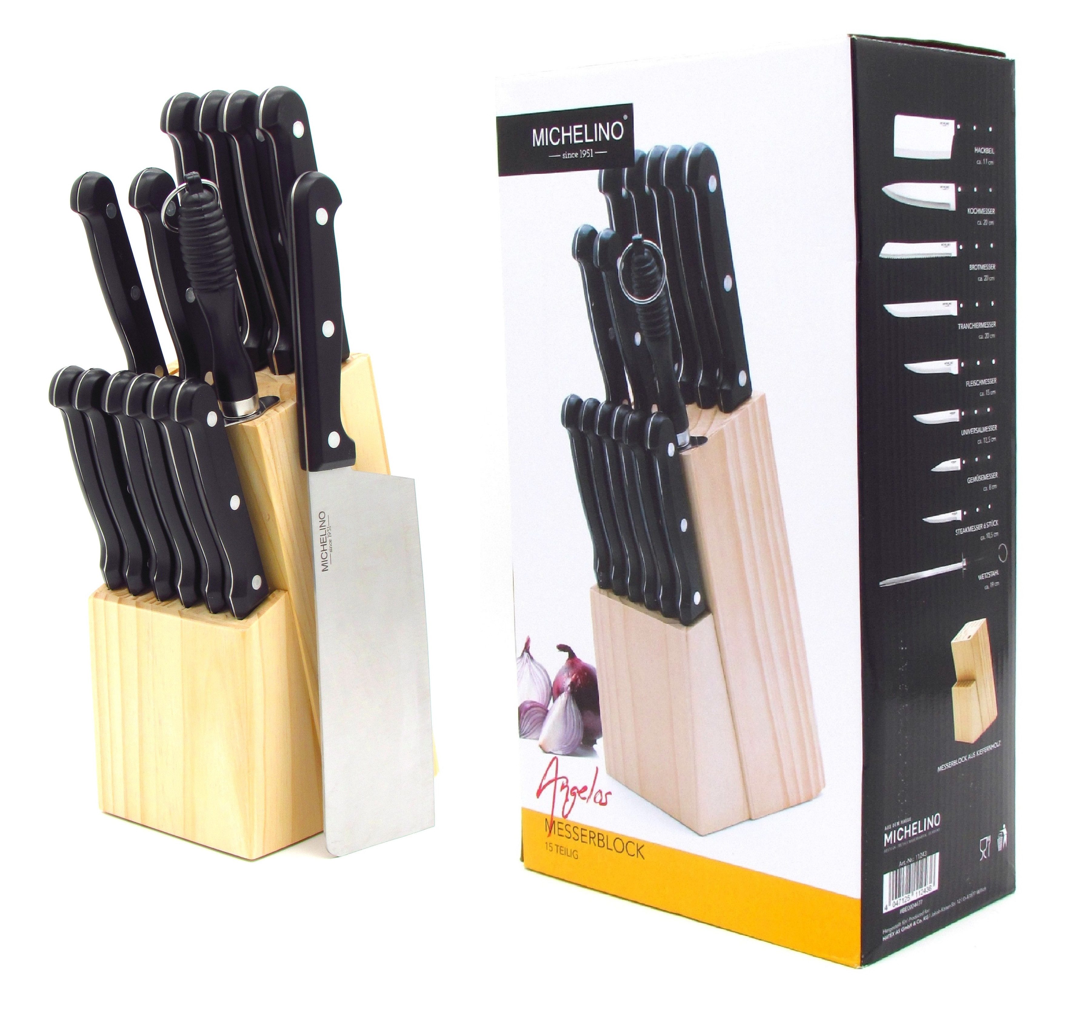 Michelino Messer-Set 15-teiliger Messerblock, 7x Küchen- 6x Steakmesser 1 Wetzstahl 1 Messerblock