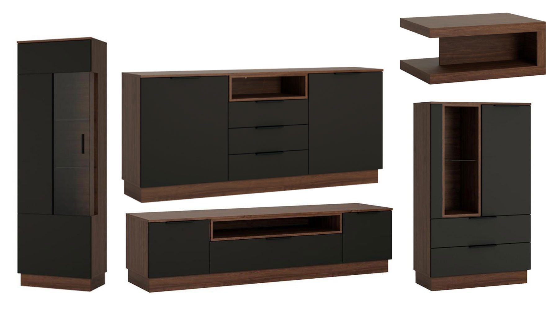 Feldmann-Wohnen Wohnwand Alicante, (1x Couchtisch, Türen mit Soft-Close Funktion, 1 Sideboard, 1x Standvitrine, 1x Lowboard, 1x Highboard), 336cm walnussfarben / schwarzgrau 5-teilig. € 1.330,00, (€ 1.330,00 pro 1 Stk).