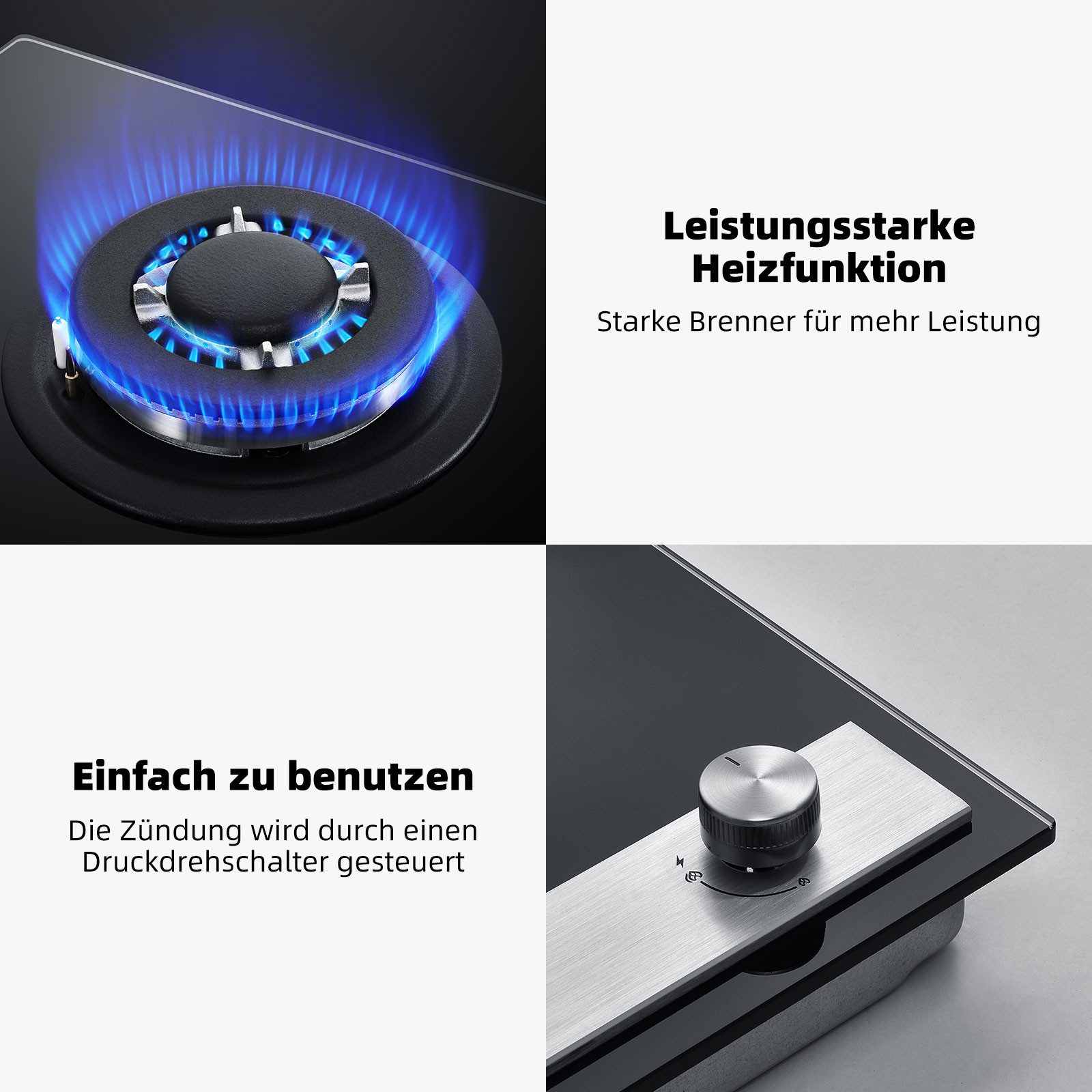 GASLAND Gas-Kochfeld GH12BF, Einbau Glas-Gaskochfeld Wokbrenner, 30 cm, 3400 W, Butan/LPG/Erdgas – Bild 5 von 5