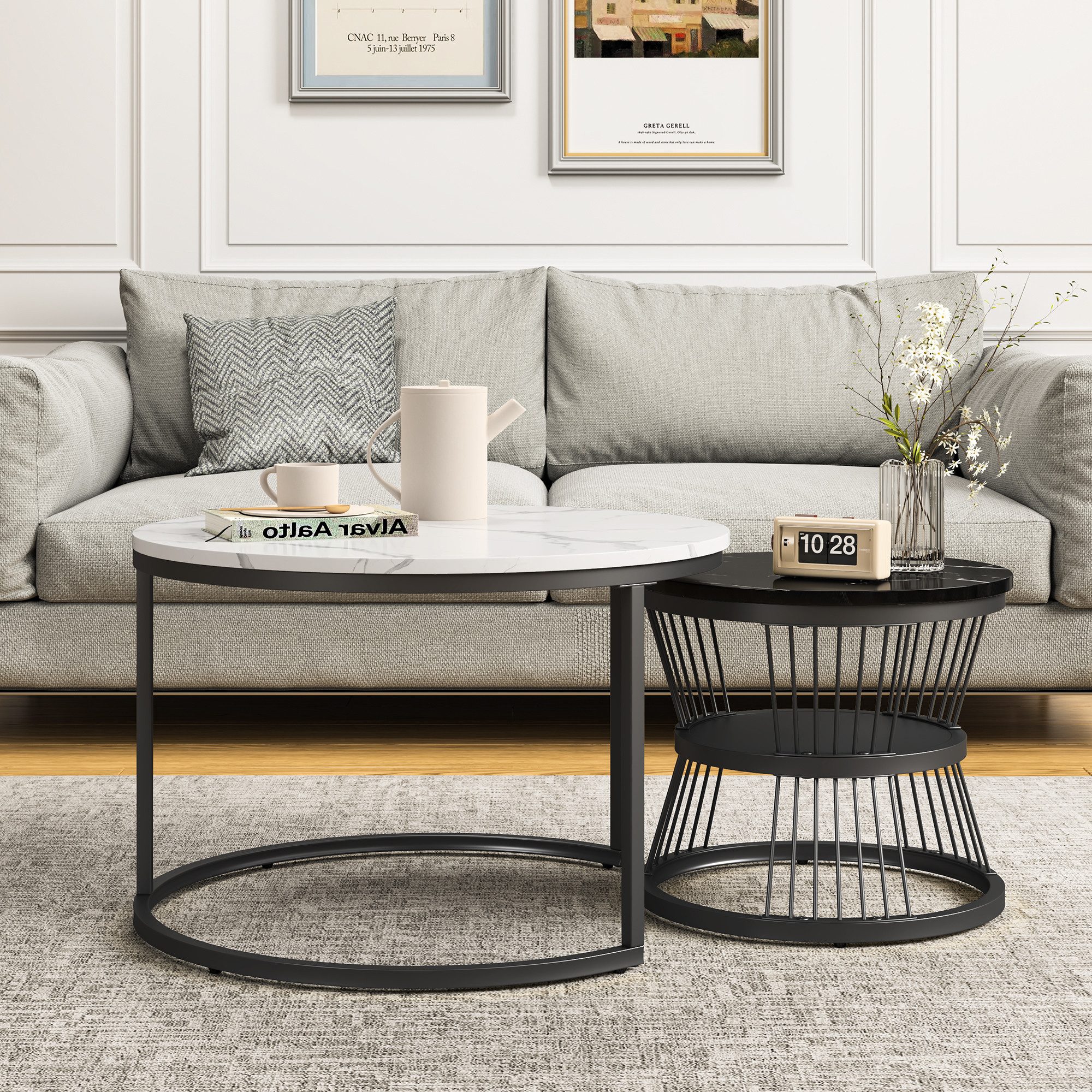 Furnishings Home Couchtisch 2er-Set runde Beistelltische aus Holz & Metall (2-St), Moderne Kaffeetische für Wohnzimmer Schlafzimmer