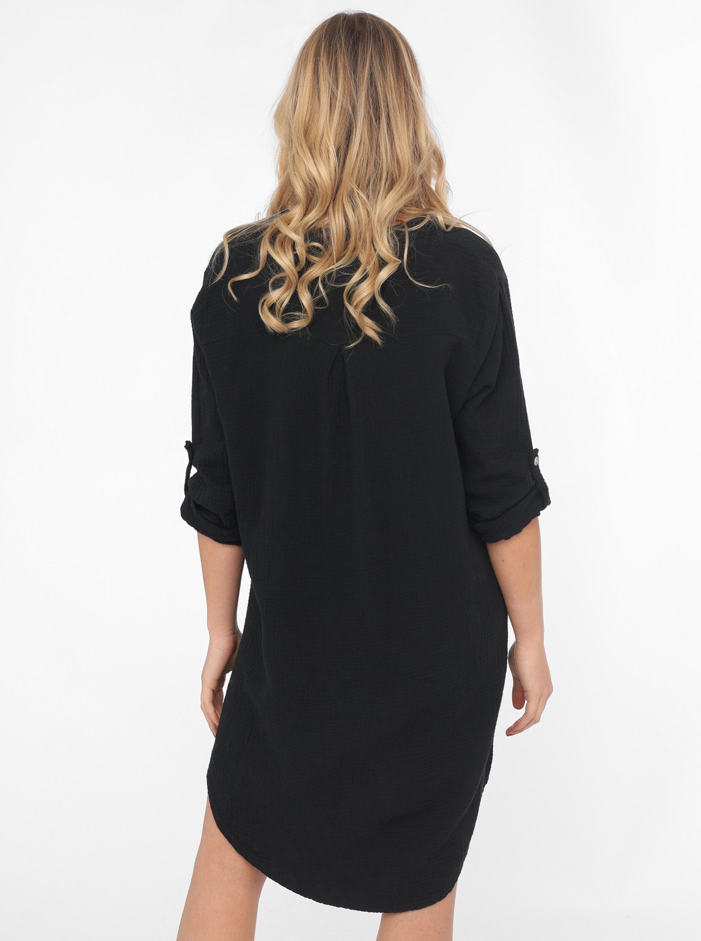 Zwillingsherz Schlupfbluse "Rom" verlängerte Rückenpartie, V-Neck, Turn-Up Ärmel, Musselin