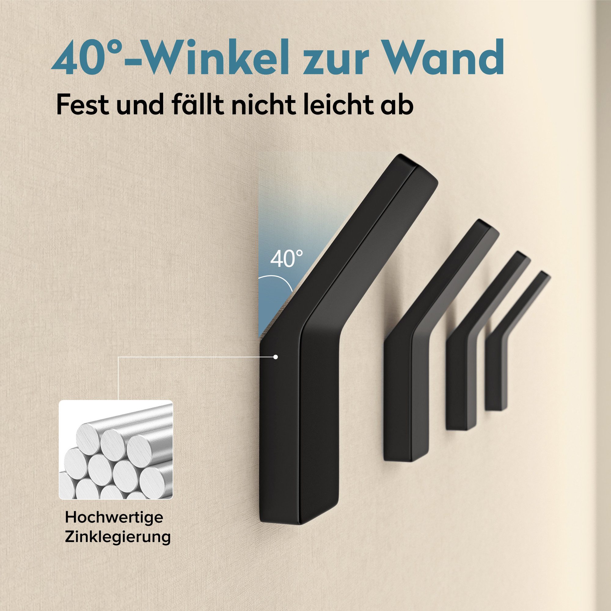 doporro Wandhaken Handtuchhaken Klebehaken aus Zinklegierung ohne Bohren Stalo-13, (4-St), 40° Wandneigung, Zinklegierung in einem Stück gegossen