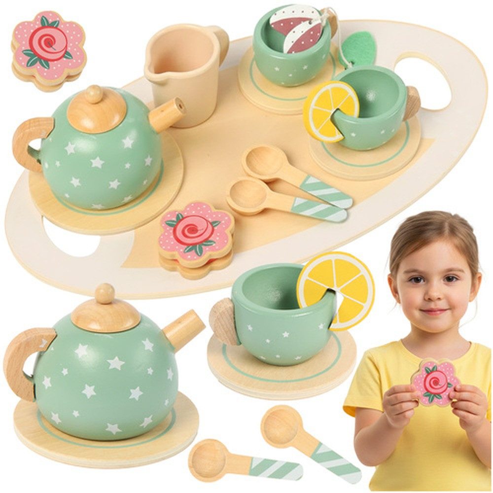 KRUZZEL Teeservice Kinder-Teeservice Kinderküchenset, 2 Personen, Holz, Komplettes Kinderküchenset mit Teekanne, Tassen, Löffeln und Zubehör