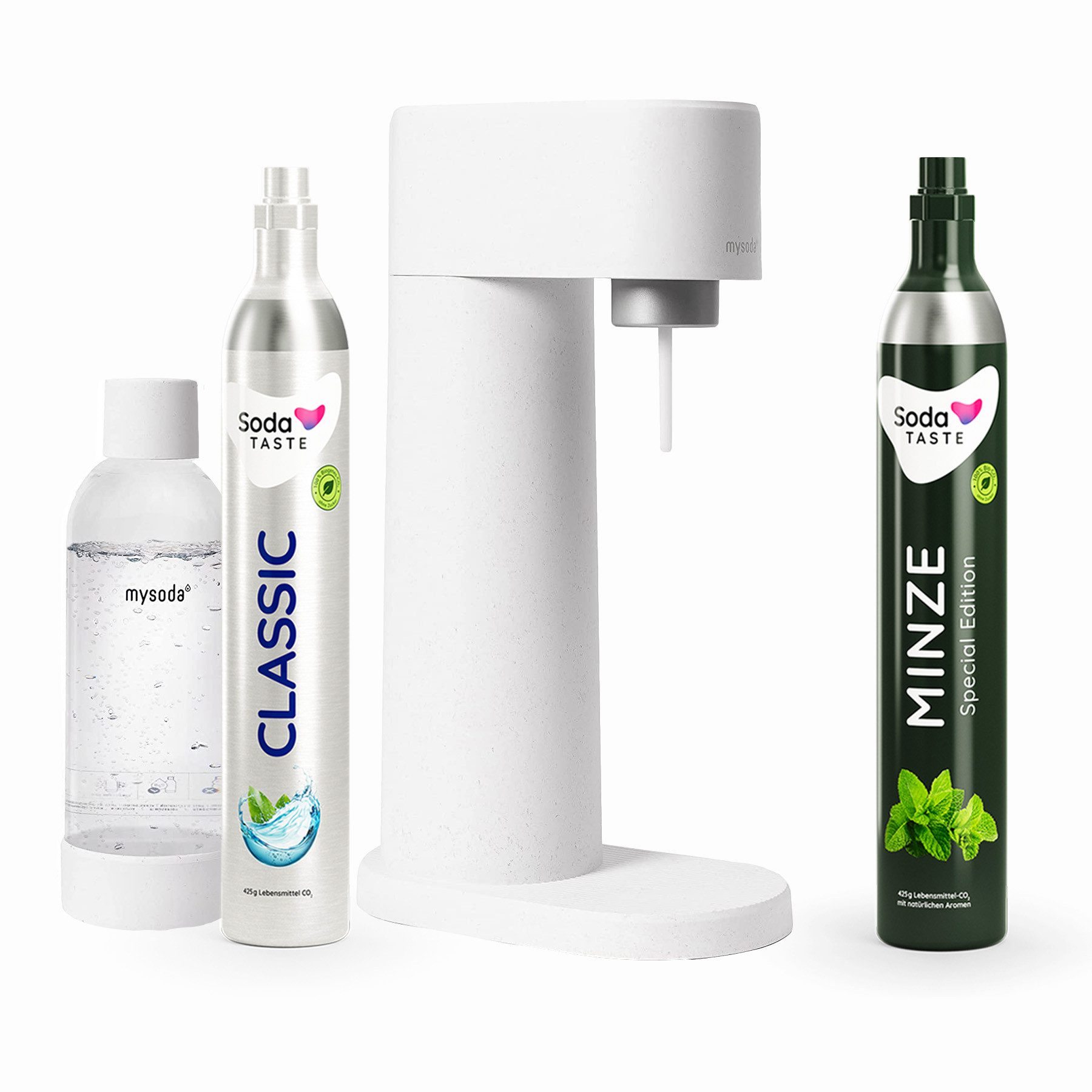 SodaTASTE Wassersprudler SodaTASTE Sparangebot: Woody Wassersprudler Weiß + CO2-Aroma Zylinder, Biokomposit-Sprudler, 2x CO2 (1x Aroma), 1L Flasche, stromlos
