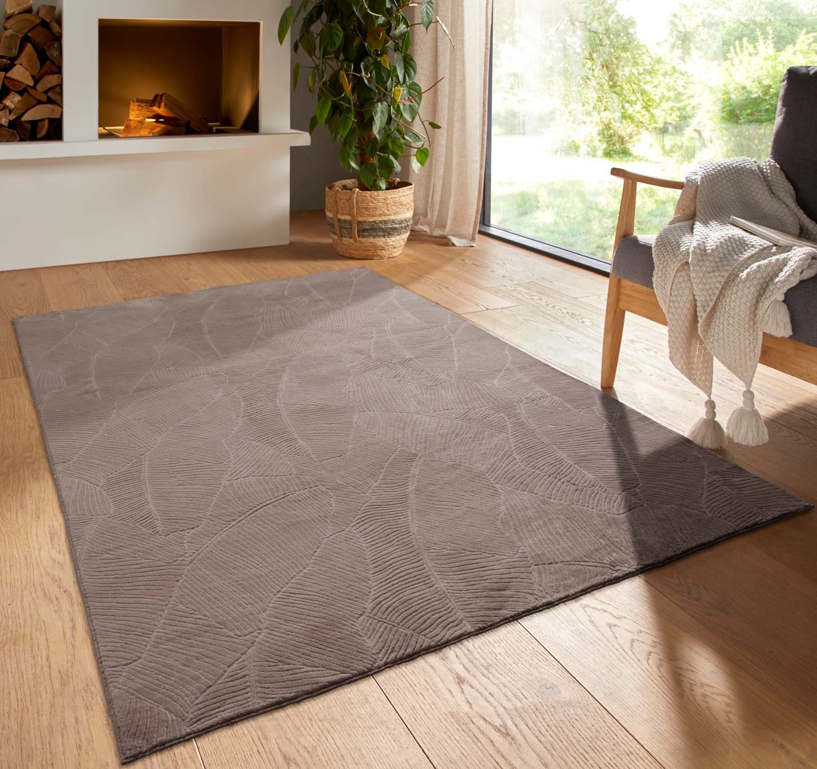 TaCa Home Teppich Kurzflor Teppich Hasenfell Optik, rechteckig, Höhe: 10 mm, Wohnzimmer, Kinderzimmer, Esszimmer, Blätter Taupe - 50 x 80 cm