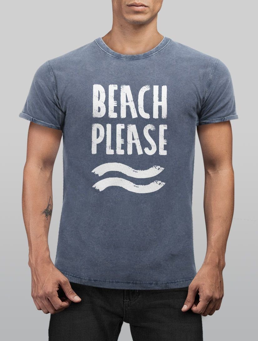 mit Beach Aufdruck Slim blau Urlaub Print Used Herren Please Cooles Fit Angesagtes Strand Neverless Neverless® Vintage T-Shirt Shirt Print-Shirt Look