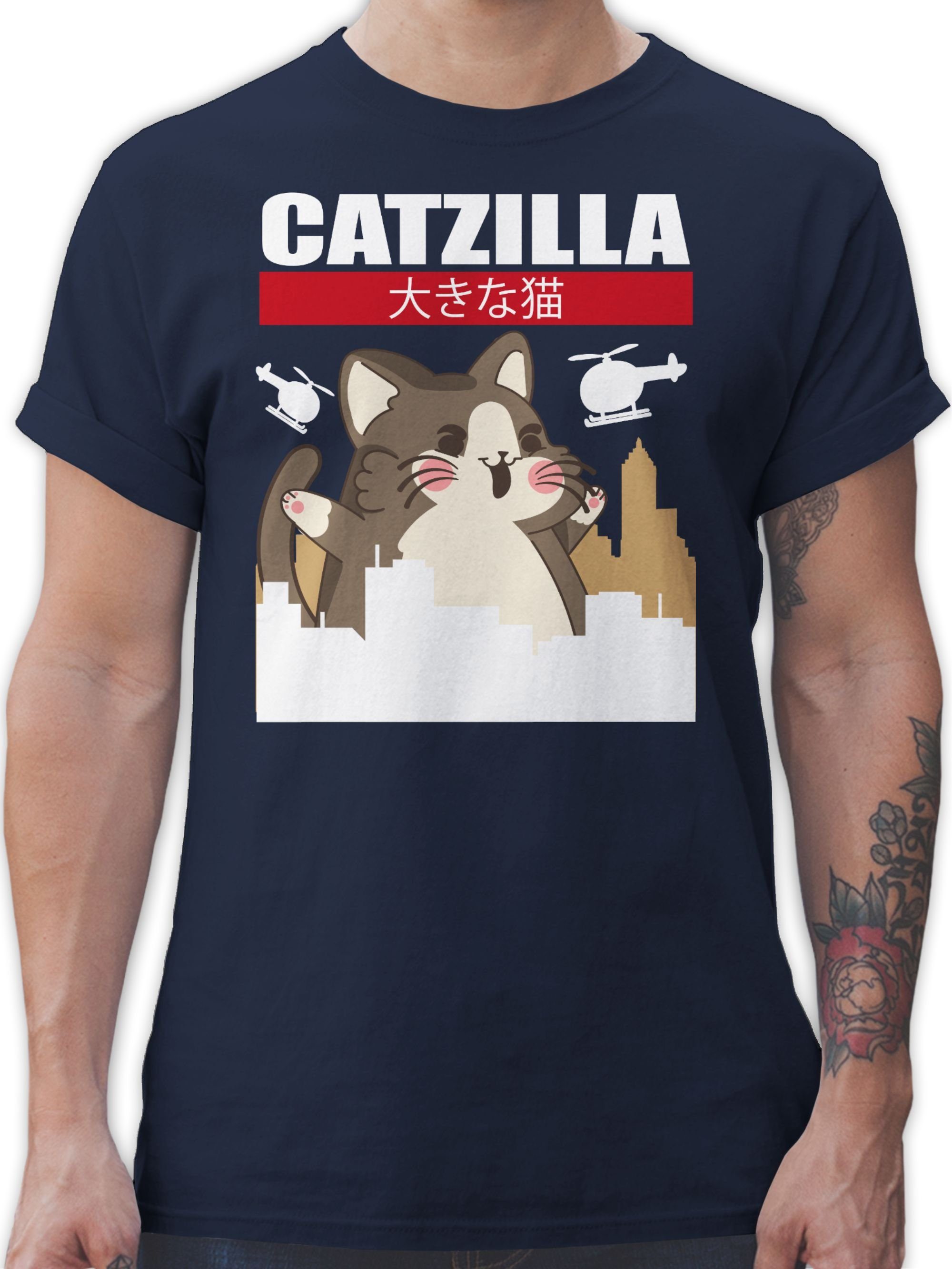 Shirtracer T-Shirt Catzilla - Big Cat Anime Geschenke 2 Navy Blau