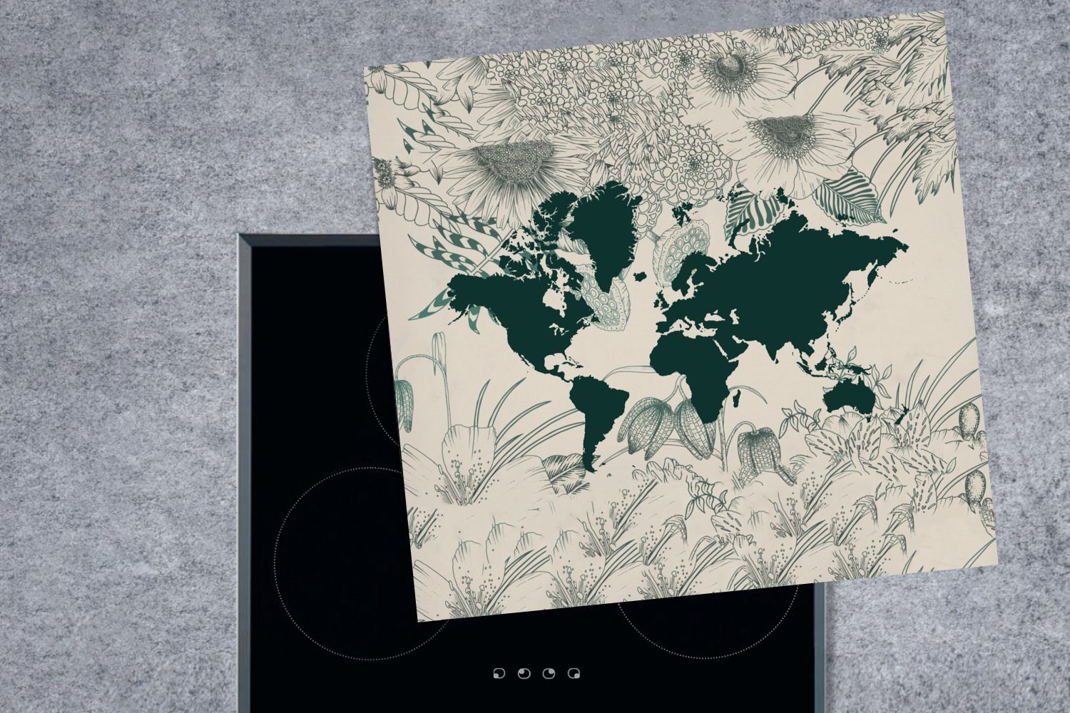 Vinyl, für (1 küche cm, Blumen MuchoWow Arbeitsplatte Pflanzen, - 78x78 tlg), - Weltkarte Herdblende-/Abdeckplatte Ceranfeldabdeckung,