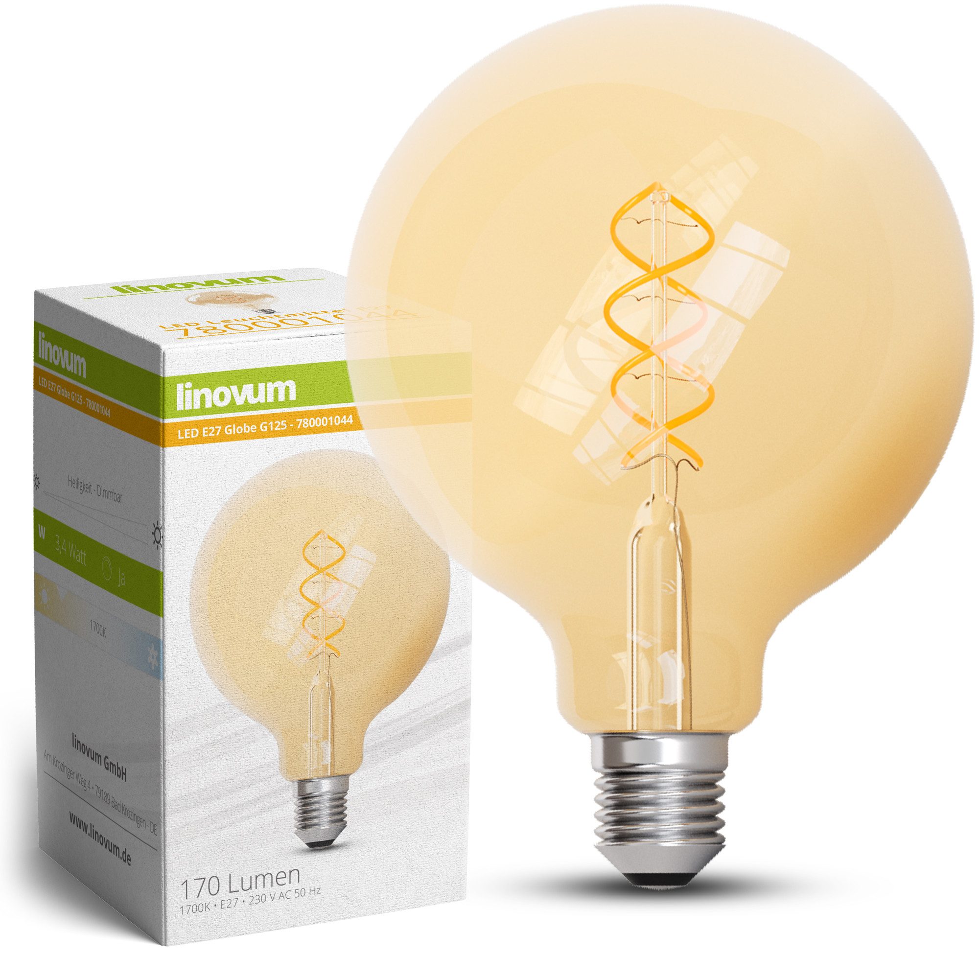 linovum LED-Leuchtmittel E27 Globe G125 LED Filament Vintage Lampe 3,4W in Bernstein Optik, E27, Warmweiß