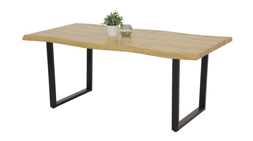 45 cm Industrial Tischplatte mm Wildeiche, schwarz Möbelfundgrube® Die / 180 U-Gestell Baumkantentisch / KEIKO Metall / Baumkantenoptik