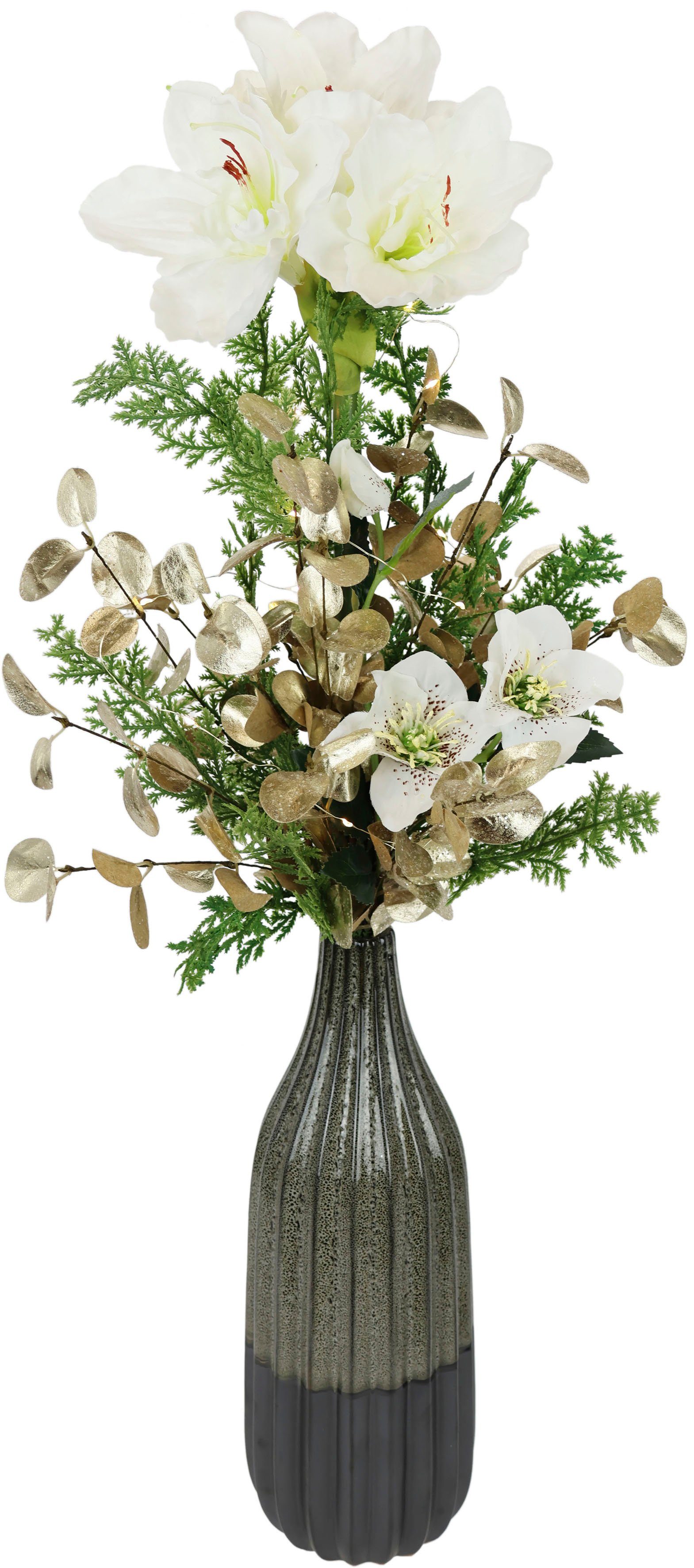 Winterliche Kunstpflanze mit Amaryllis in Vase aus Keramik,  Blumen-Arrangement, LED-Beleuchtung Amaryllis, Tanne, I.GE.A., Höhe 80 cm,  Weihnachtsdeko, Gesteck aus Blüten, Eukalyptus, Koniferen und Zweigen