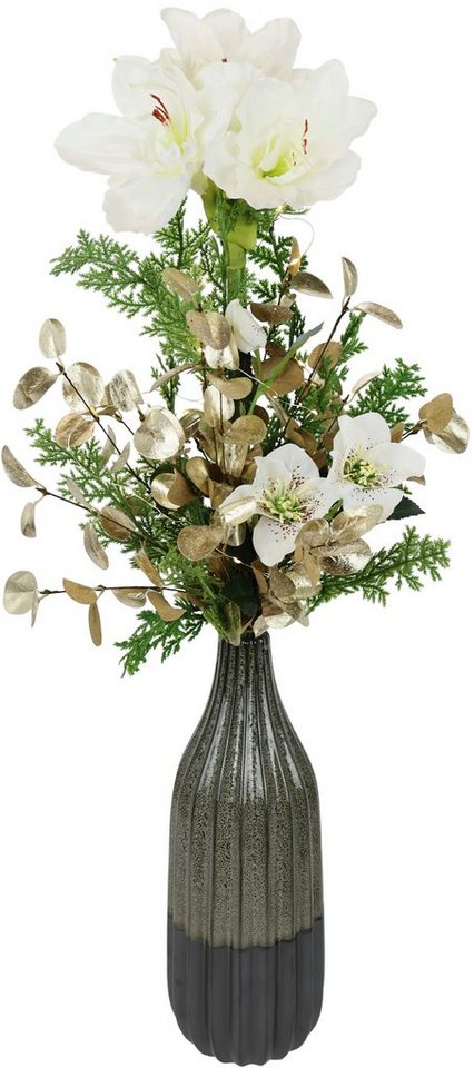Winterliche Kunstpflanze mit Amaryllis in Vase aus Keramik,  Blumen-Arrangement, LED-Beleuchtung Amaryllis, Tanne, I.GE.A., Höhe 80 cm,  Weihnachtsdeko, Gesteck aus Blüten, Eukalyptus, Koniferen und Zweigen