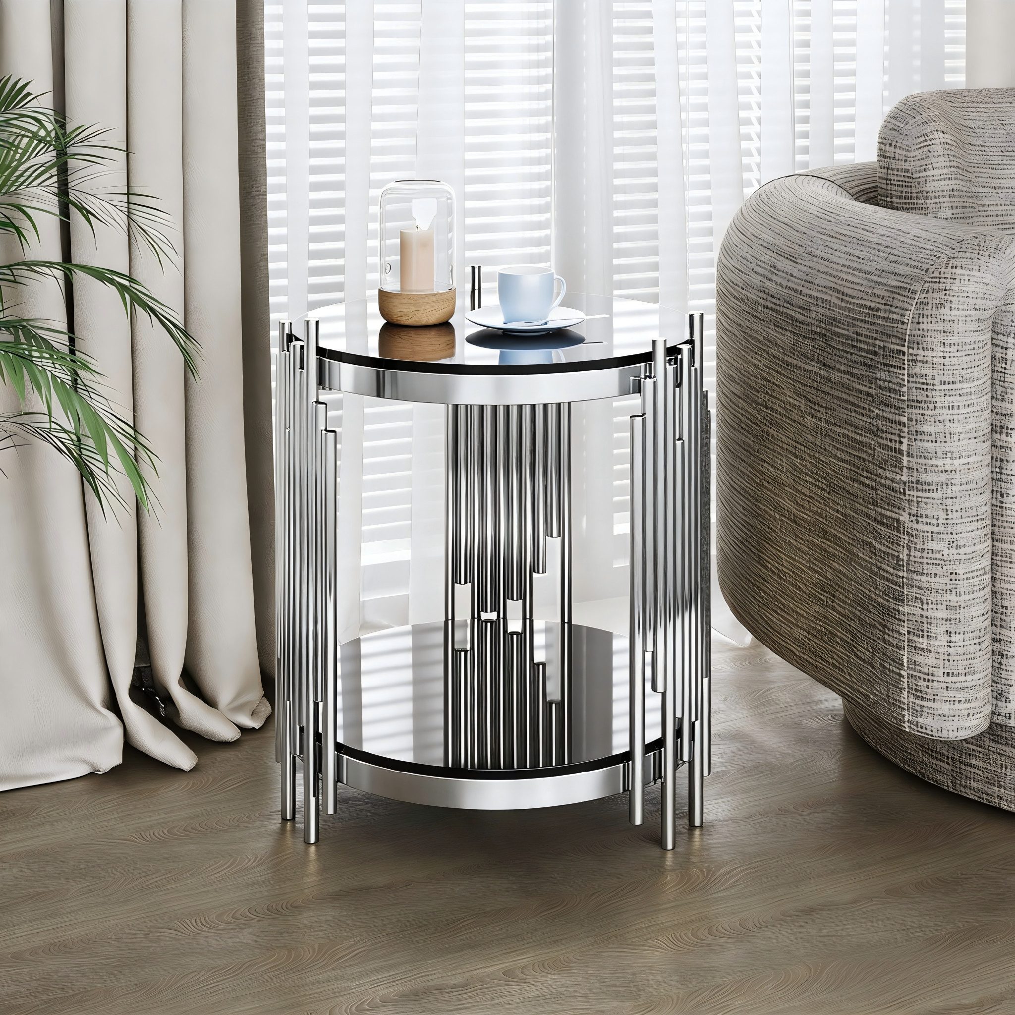 REDOM Ø45 cm mit 2 Ebenen in Schwarz-Silber (mit robuster Glasplatte, stabiler Edelstahlrahmen, 1-St., Eleganter Akzenttisch für Getränke, Lampe oder Dekoration), Moderner Beistelltisch für Wohnzimmer, Schlafzimmer & Büro