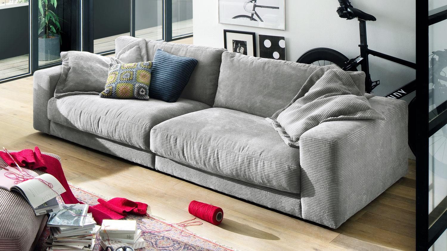 Big-Sofa Bigsofa Seventies Megasofa Sofa Stoff Cord grau 290x127