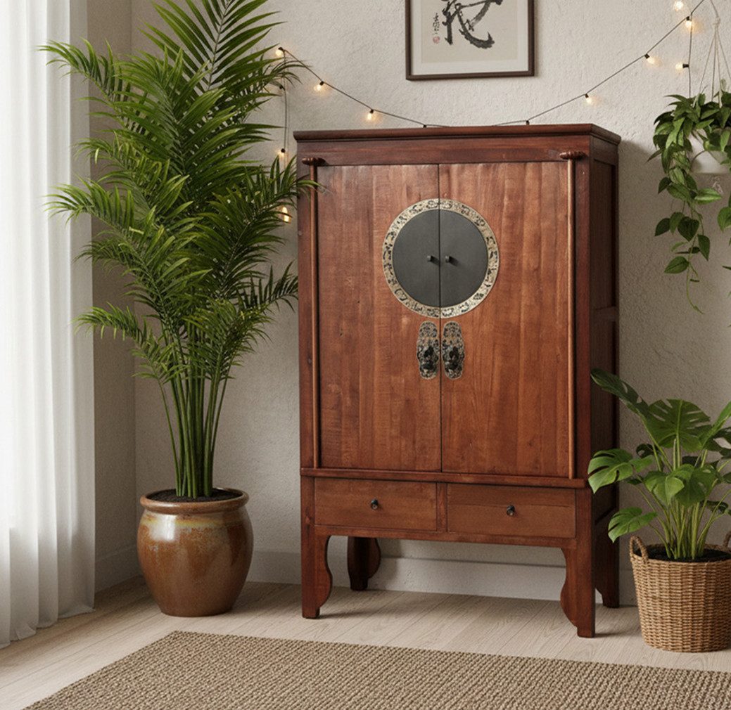 OPIUM OUTLET Kleiderschrank Chinesischer Hochzeitsschrank im Vintage-Stil (Breite x Tiefe x Höhe 105 x 55 x 175 cm, orientalischer Schrank Kommode, Asia Möbel komplett montiert Holz Landhaus-Stil shabby-chic) asiatisch