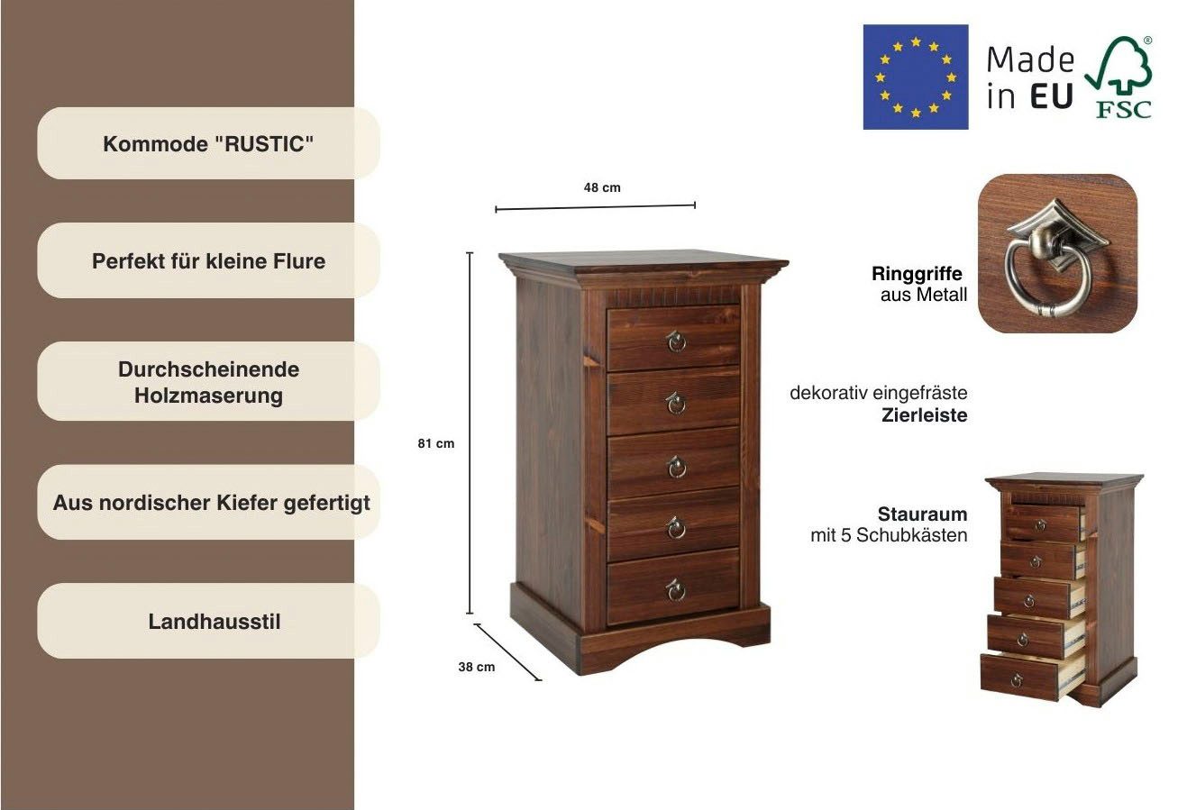 OTTO home Kommode Rustic, Breite 48cm, aus massiver Kiefer, 5 Schubladen, FSC®-zertifiziert