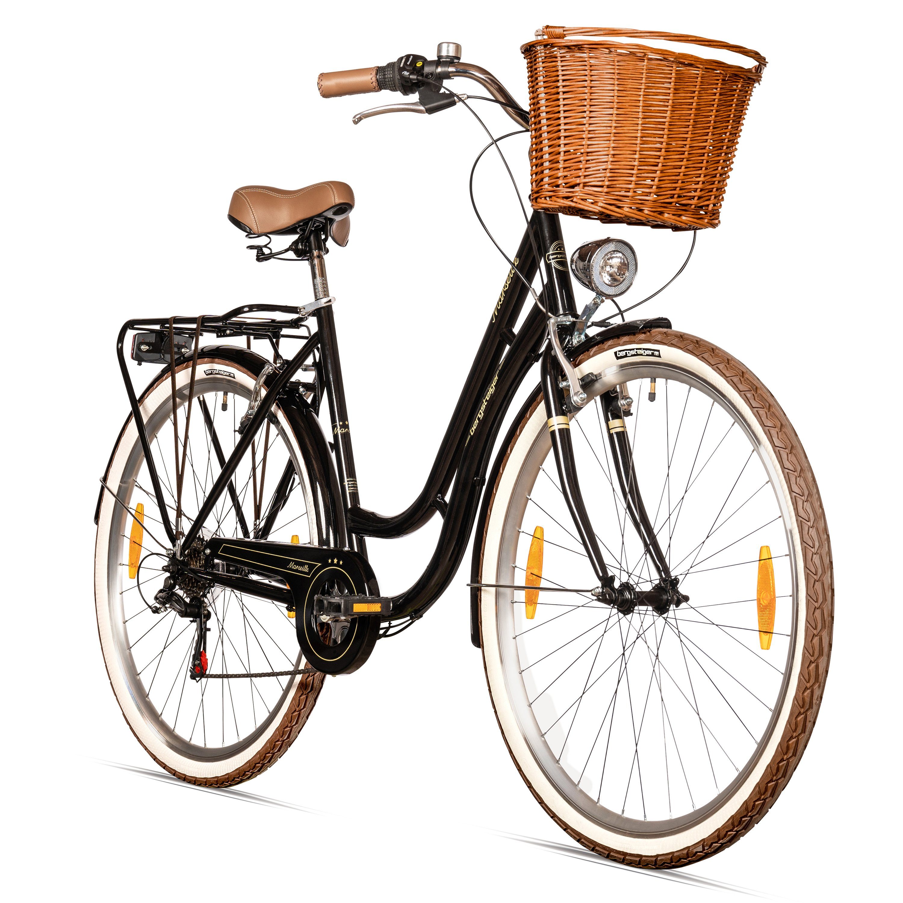 bergsteiger Cityrad Marseille 26 Zoll, 28 Zoll Damenfahrrad, ab 150 cm, Korb aus Rattan, 6 Gang, Kettenschaltung, V-Bremsen