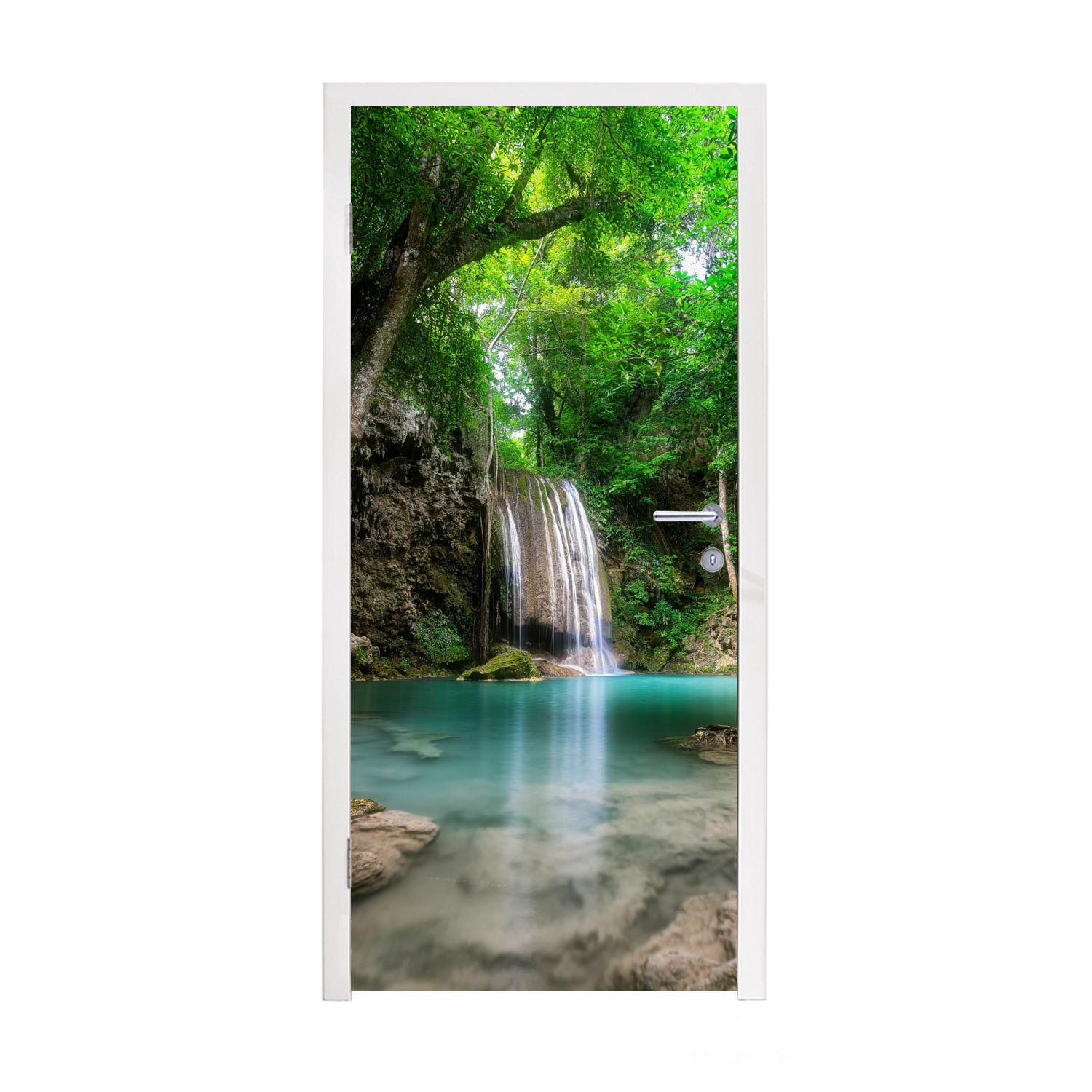 Türtapete Türaufkleber, Natur, St), cm Pflanzen Wasserfall - bedruckt, für MuchoWow (1 Wasser - Fototapete Matt, - 75x205 Tür, Dschungel -