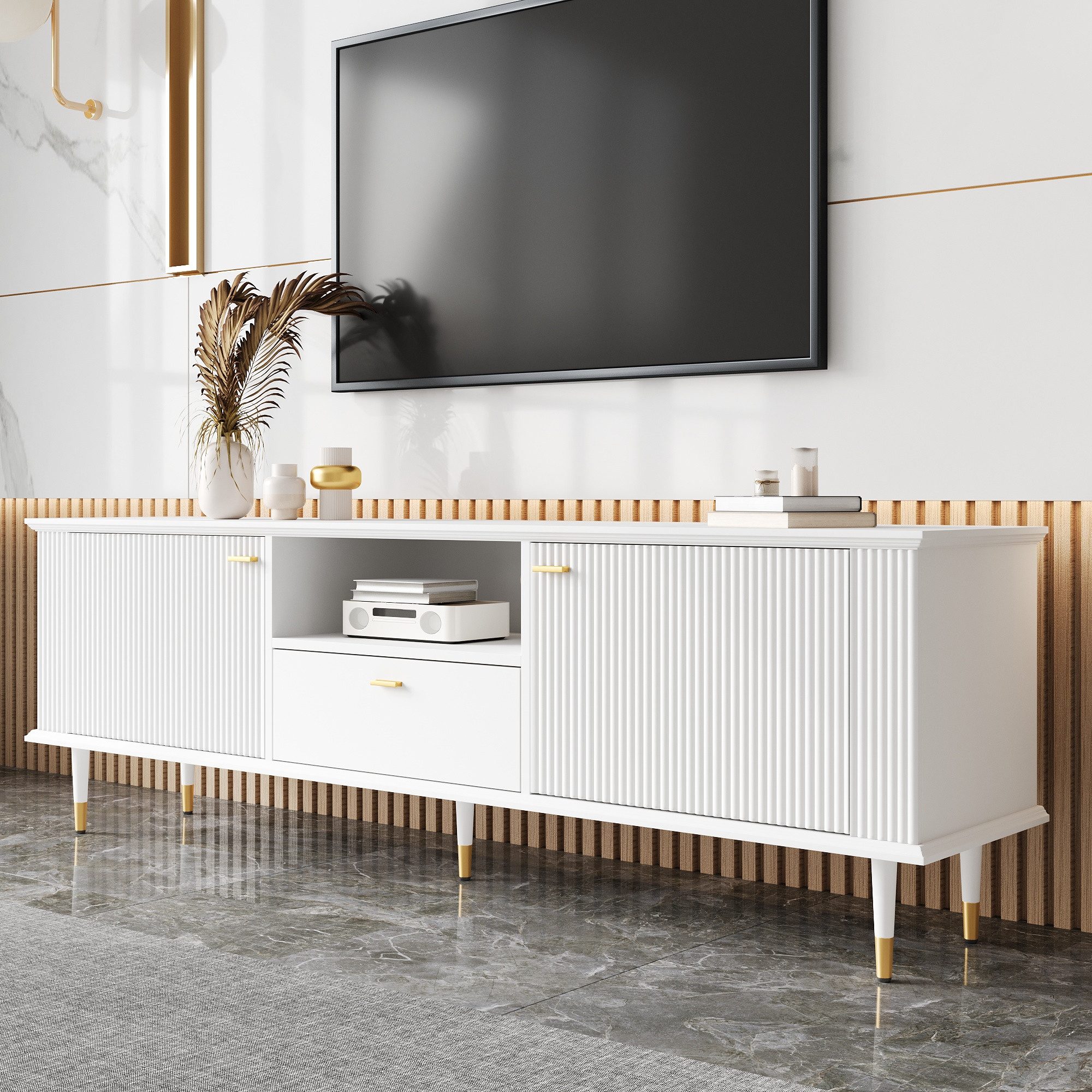 HAUSS SPOLE TV-Schrank mit offenen Fächern,Fernsehschrank mit Schubladen und Metallbeine,Weiß (TV-Möbel mit Stauraumstruktur und edler Oberflächenverarbeitung) Metallfüße mit dekorativen Elementen,Soft-Close-Scharniersystem