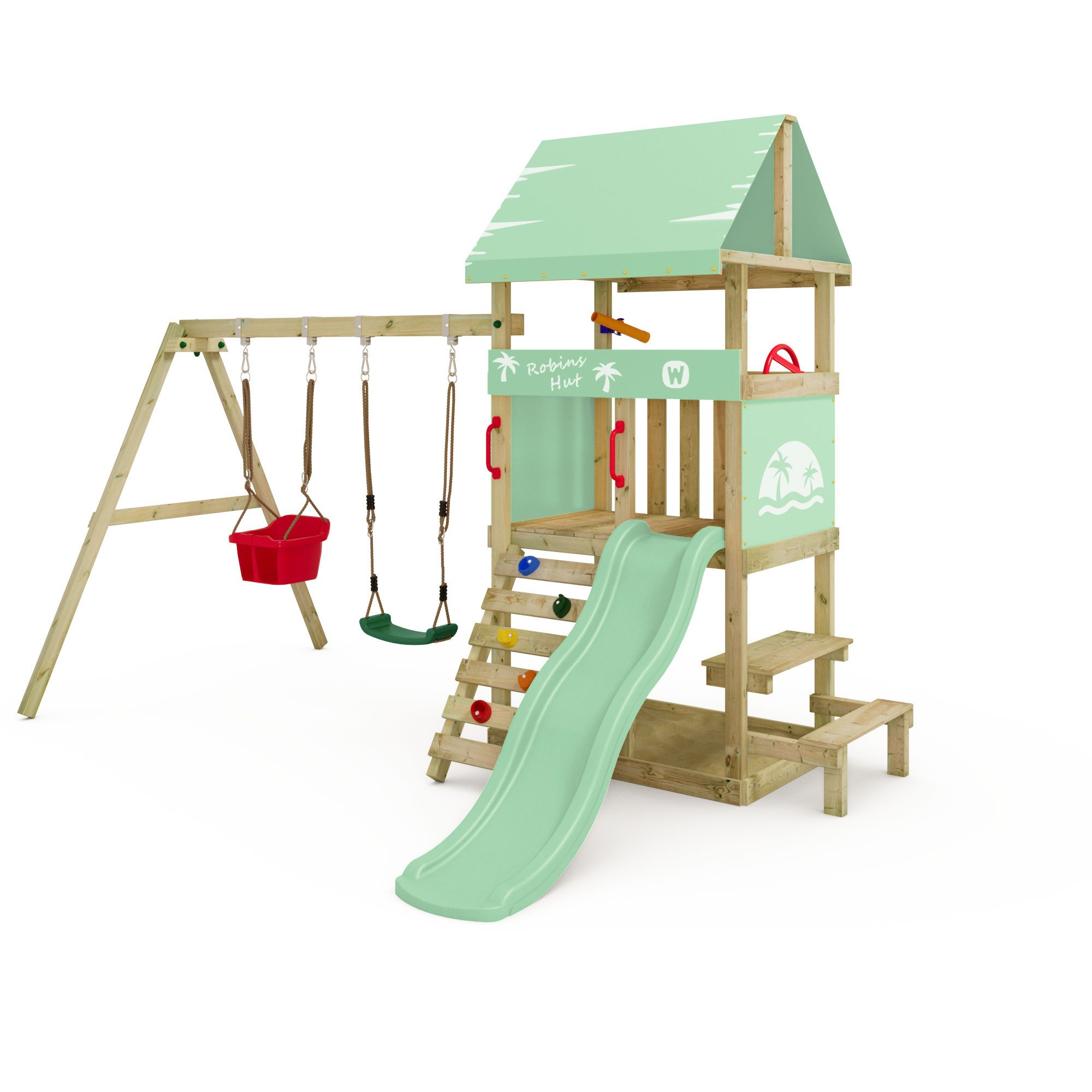 Wickey Klettergerüst DinkyHouse Spieltur mit Schaukelanbau, Sandkasten und Kreidetafel, (Garten-Spielhaus mit überdachter Plattform, Sandkasten & Rutsche, Robuster Kletterturm für Kinder mit flexiblen Anbauteilen), Unvergessliche Erlebnisse für Kinder mit 10 Jahren Garantie*