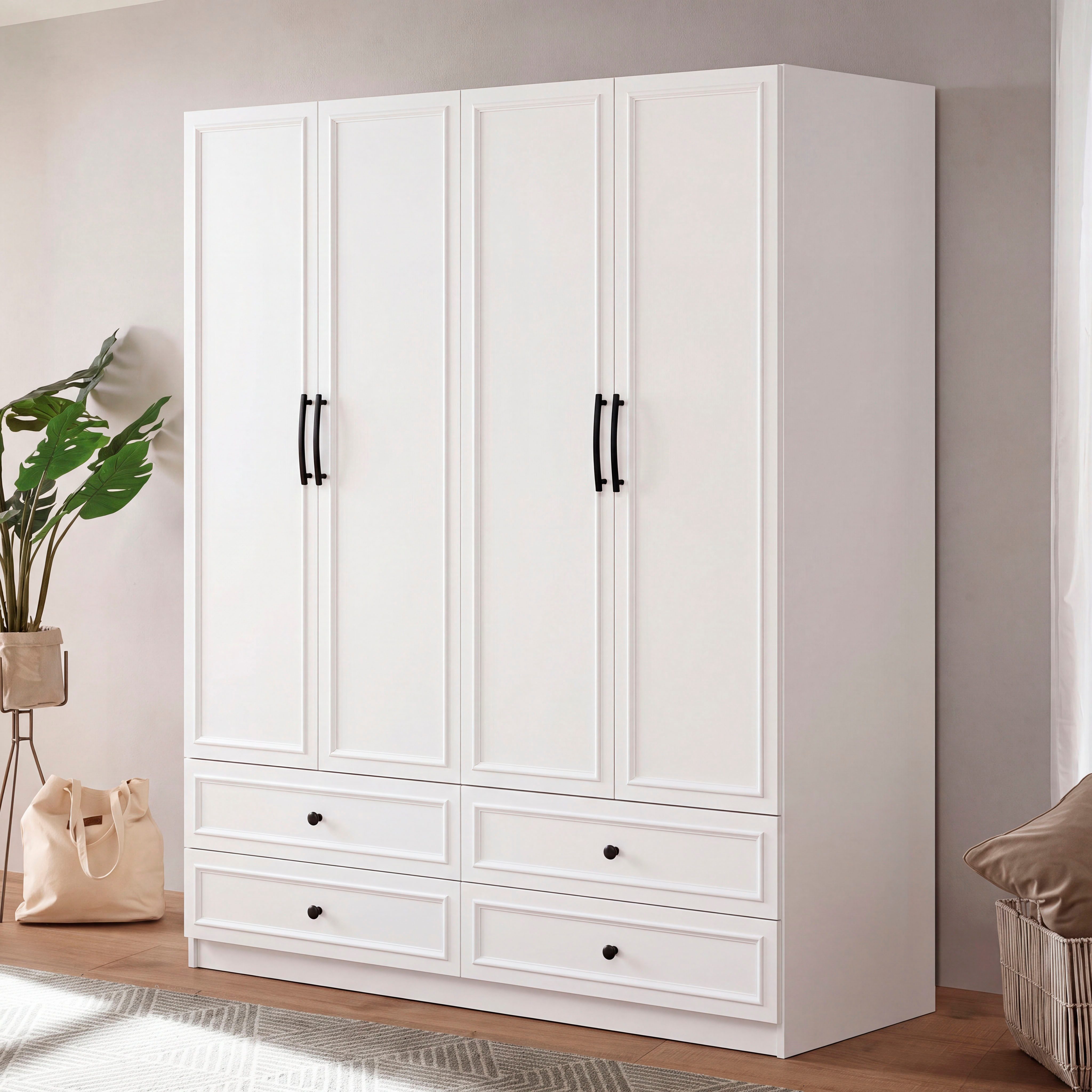OTTO home Kleiderschrank Arrian 160 cm Weiß, 4-türiger Drehtürenschrank im Landhausstil (mit 4 Schubladen & Gratis Organizern, FSC-zertifiziert) EXTRA VIEL PLATZ FÜR IHRE GARDEROBE