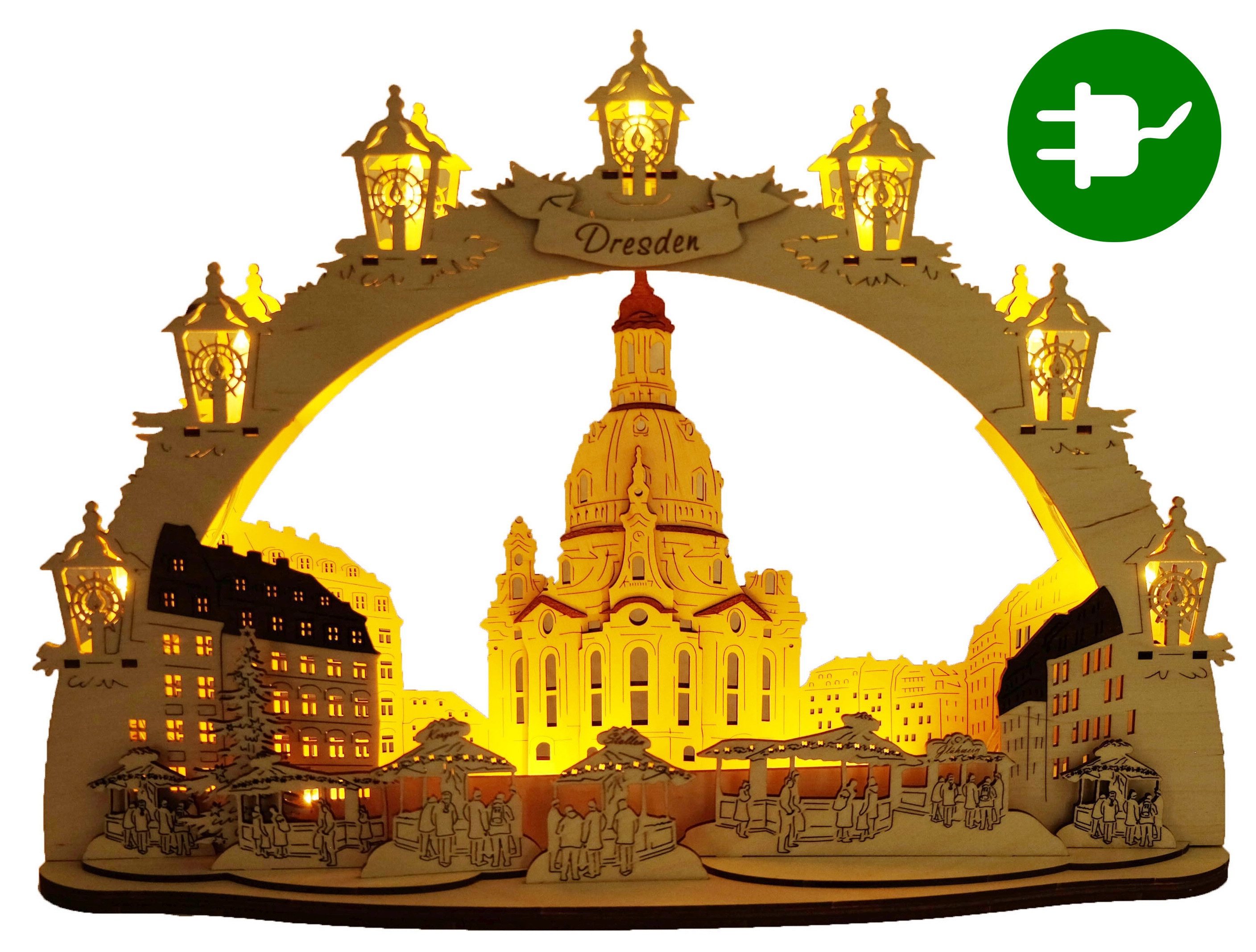 DeColibri LED Schwibbogen 3D LED Schwibbogen Dresdner Frauenkirche Dresden - Netzkabel, Holzkunst aus Sachsen