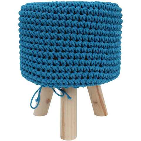 Mucola Sitzhocker Sitzhocker Hellblau Holz Strickpolster Stoff Sitzpouf Holzfuß Sitzbank (Premium-Sitzhocker)