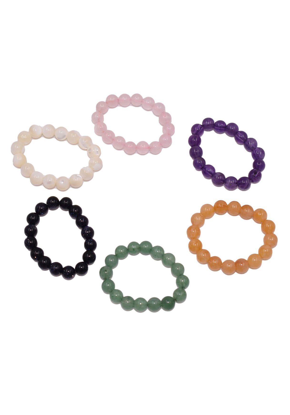 Firetti Ring-Set Multipack Schmuck Geschenk Damenring Zugband Edelstein Farbstein (Set, 6-tlg), mit Amethyst, Rosenquarz, Onyx, Aventurin, Jade - mit Perlmutt