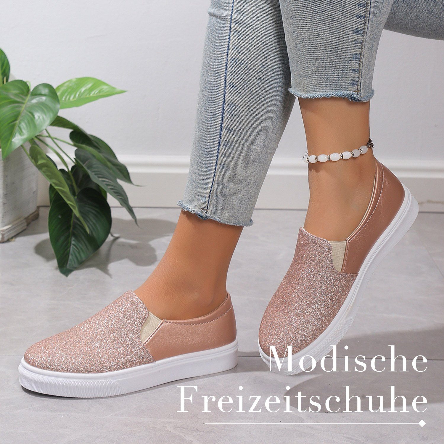 Sneaker Plattform Damen Tennisschuhe Slip-On Roségold Daisred Glitzer Loafer