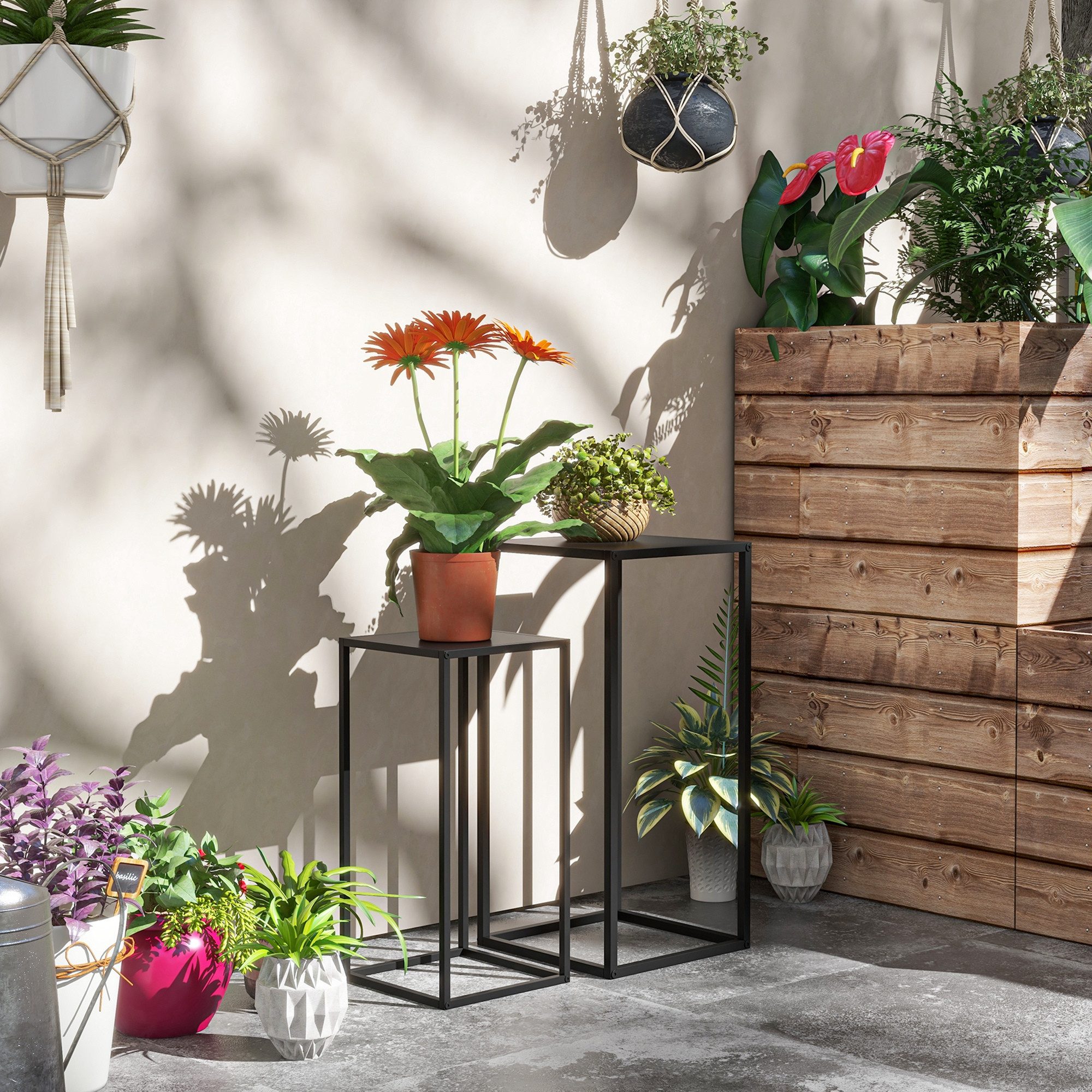 Outsunny Blumenständer Pflanzenständer Pflanzenhocker mit Stahlbeine Skandinavischem Design (Pflanzenhalter, 2 St., Blumentopfhalter), für Balkon, Wohnzimmer, Schwarz