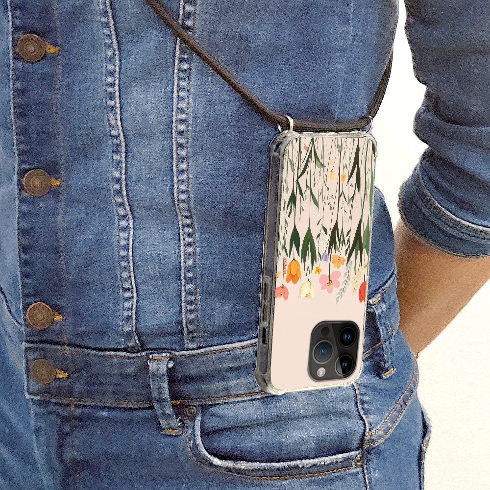 MuchoWow Handyhülle für Apple iPhone 14 Pro Pastelltöne - Blumen - Illustration, Tragbare Handyhüllen mit Kette zum umhängen, Handykette Handyband