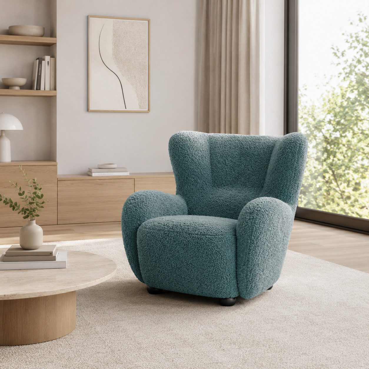 Goldstoff Sessel HUGSY Relaxsessel Boucle mit hoher Rückenlehne – Skandi & Boho Stil (Einzelsessel, Loungesessel), mit Relaxfunktion