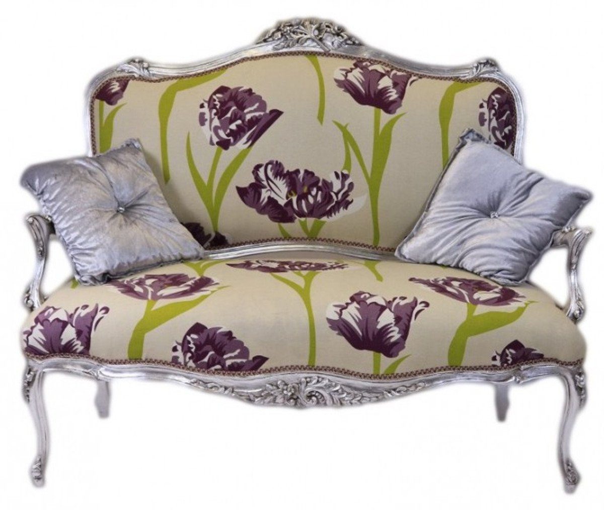 Casa Padrino Sofa Barock Creme Blumen Muster / Silber - italienischer Stil - Barock Möbel | Alle Sofas