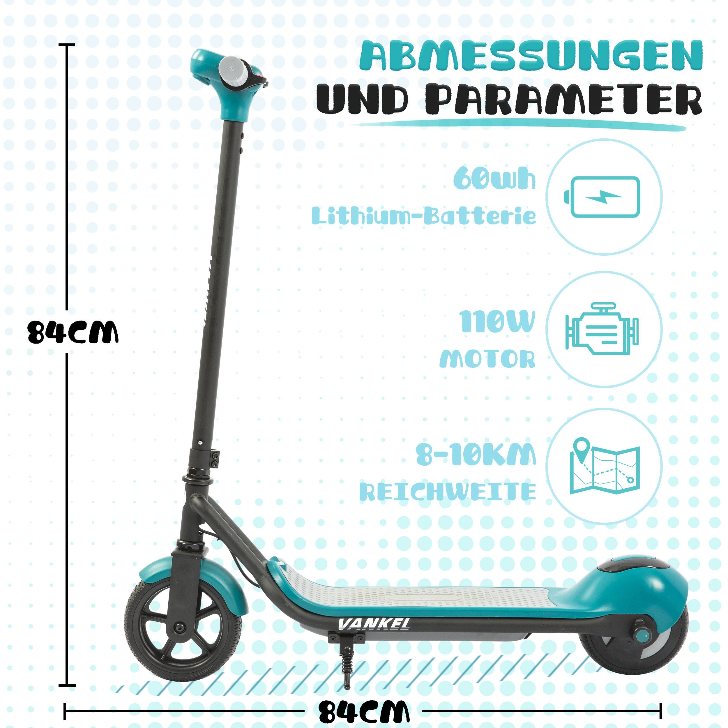 Vankel Cityroller E Scooter Kinder ab 6 Jahren, Elektro Kinderroller, Bluetooth, 8km, 14 km/h, E-Scooter, Cityroller mit Beleuchtung, LED-Display, farbige Lichter