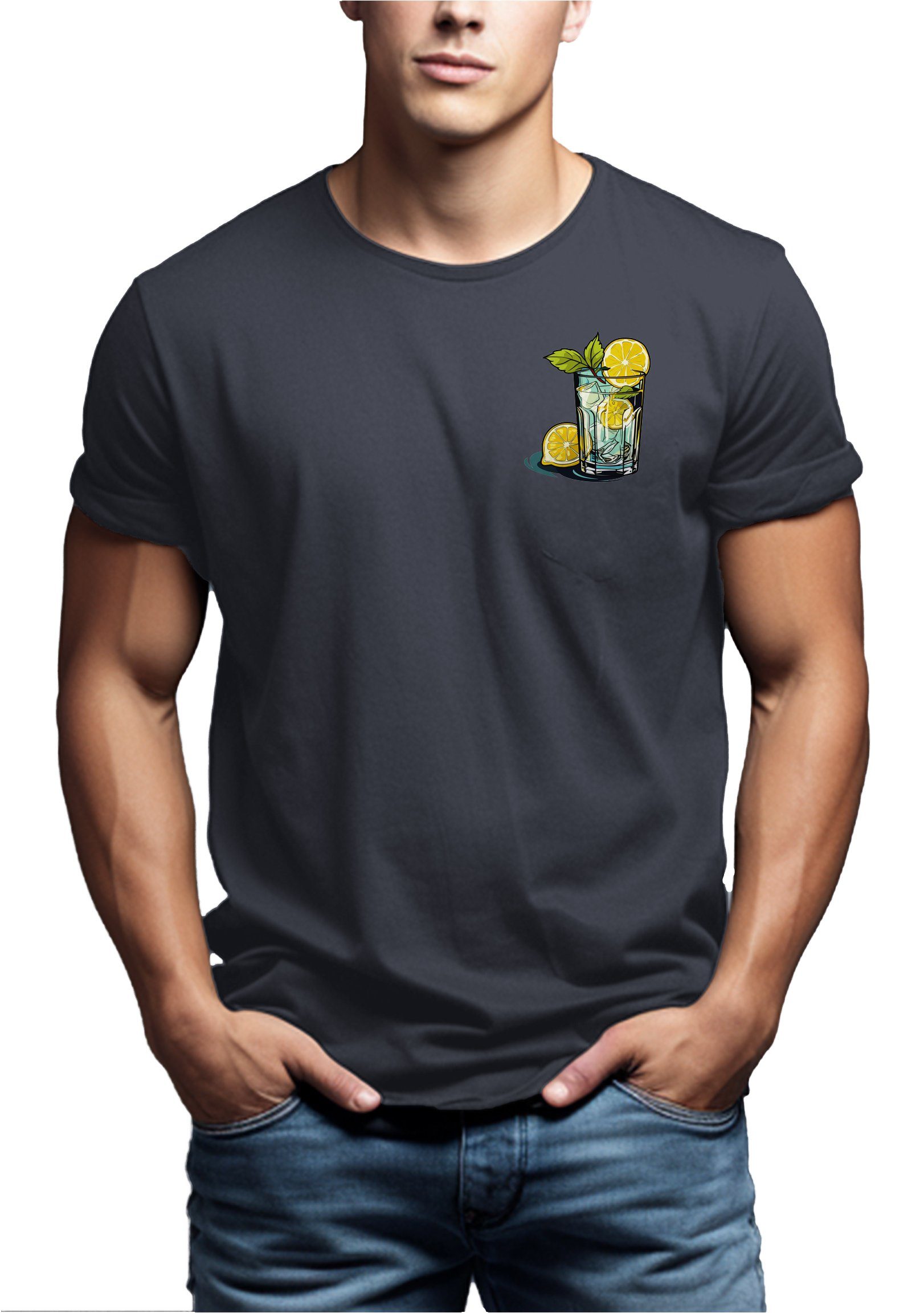 MAKAYA T-Shirt Herren Gin Tonic Gläser Motiv Aufdruck Sommer Print Baumwolle