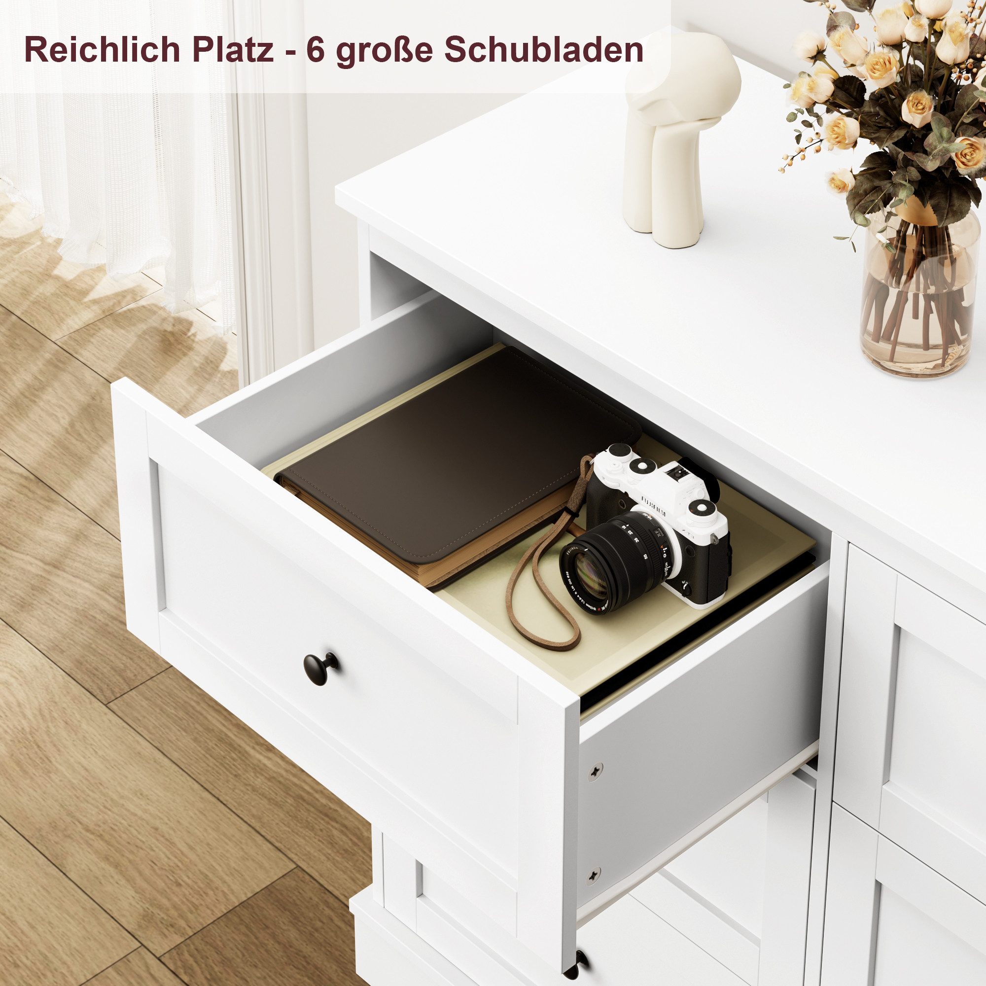 Homfa Kommode, Weiß Sideboard mit 6 Schubladen Schlafzimmer, Wohnzimmer 108x87x40cm