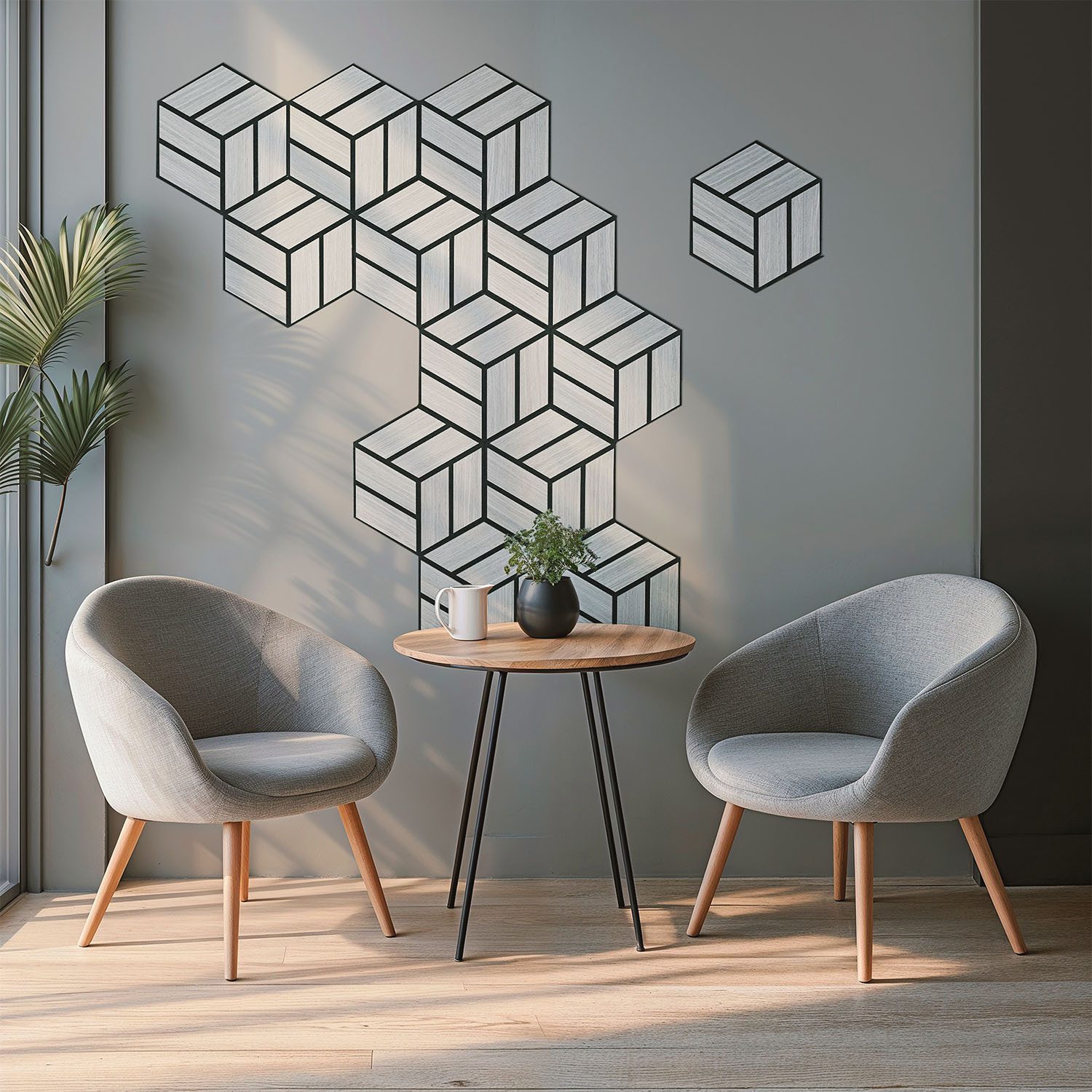Homestyle4u Wandpaneel je 30x26 Hexagon Akustikpaneele Holz Schallschutz Filz Wand modern, (4er Set, 4-tlg., 4 Akustikpaneele) 3D Akustik Paneel Wandpaneel in Grau zum Kleben oder Bohren