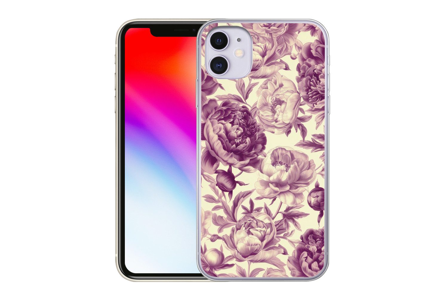 MuchoWow Handyhülle für Apple iPhone 11 Blumen - Muster - Lila - Beige, Smartphone-Bumper, Print, Handy Schutzhülle Dünn