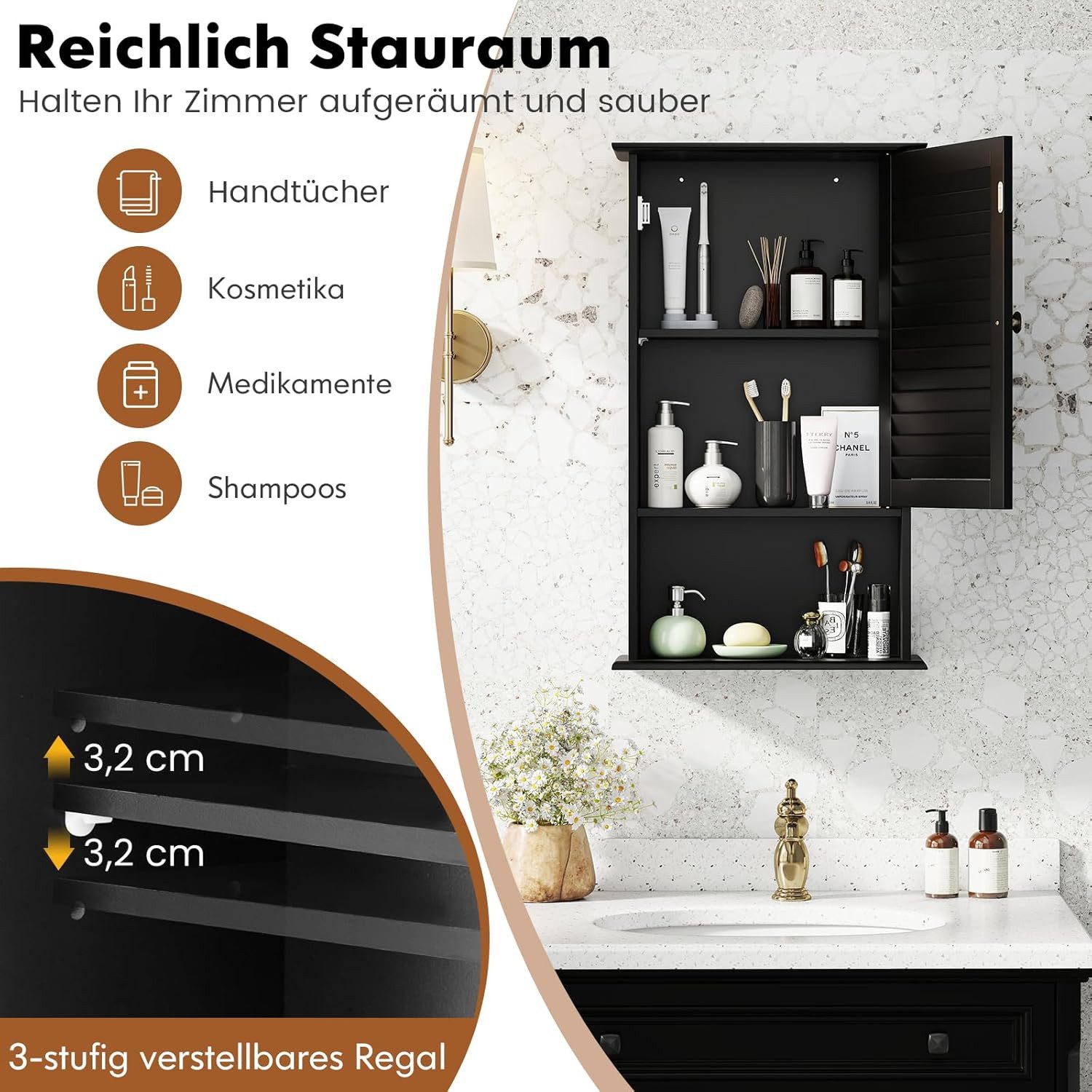 KOMFOTTEU Hängeschrank Badezimmerschrank mit verstellbarem Fächer & Ablage, 42 x 17 x 70 cm – Bild 4 von 5