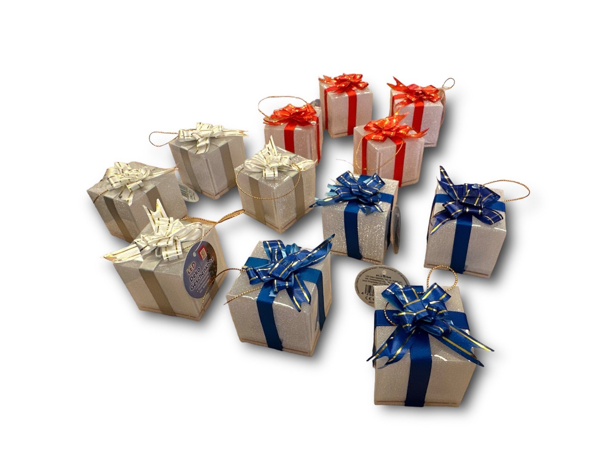 Luna24 simply great ideas... Christbaumschmuck LED Geschenk-Paeckchen 12er-Set rot/blau/weiß Farbwechsel. (12-tlg), Anhänger als Geschenke mit Farbwechsel