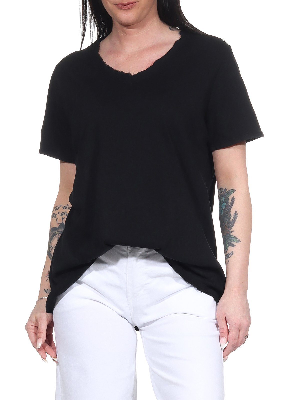 Aurela Damenmode T-Shirt »V-Ausschnitt Sommershirt für Damen leichtes &  luftiges T-Shirt« moderner Fransen-Ausschnitt online kaufen | OTTO
